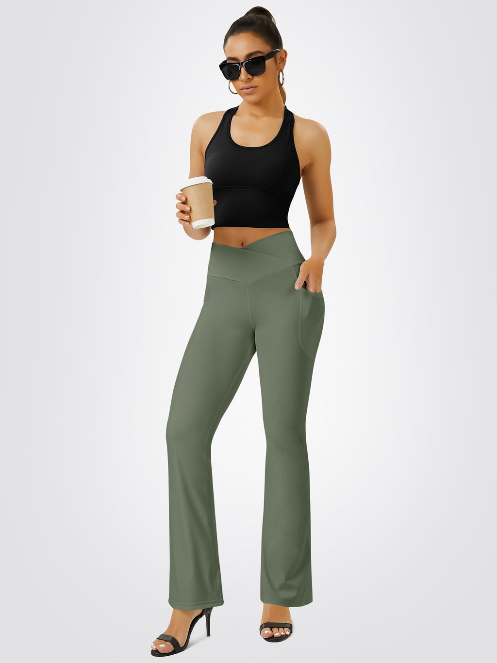 FOHOFO Women’s Crossover High-Waist Flare Yoga Pants