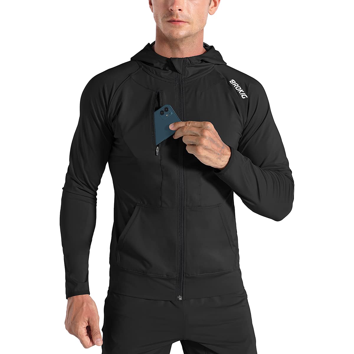 BROKIG Men’s Windbreak Running Jacket with Zip-Up Hood