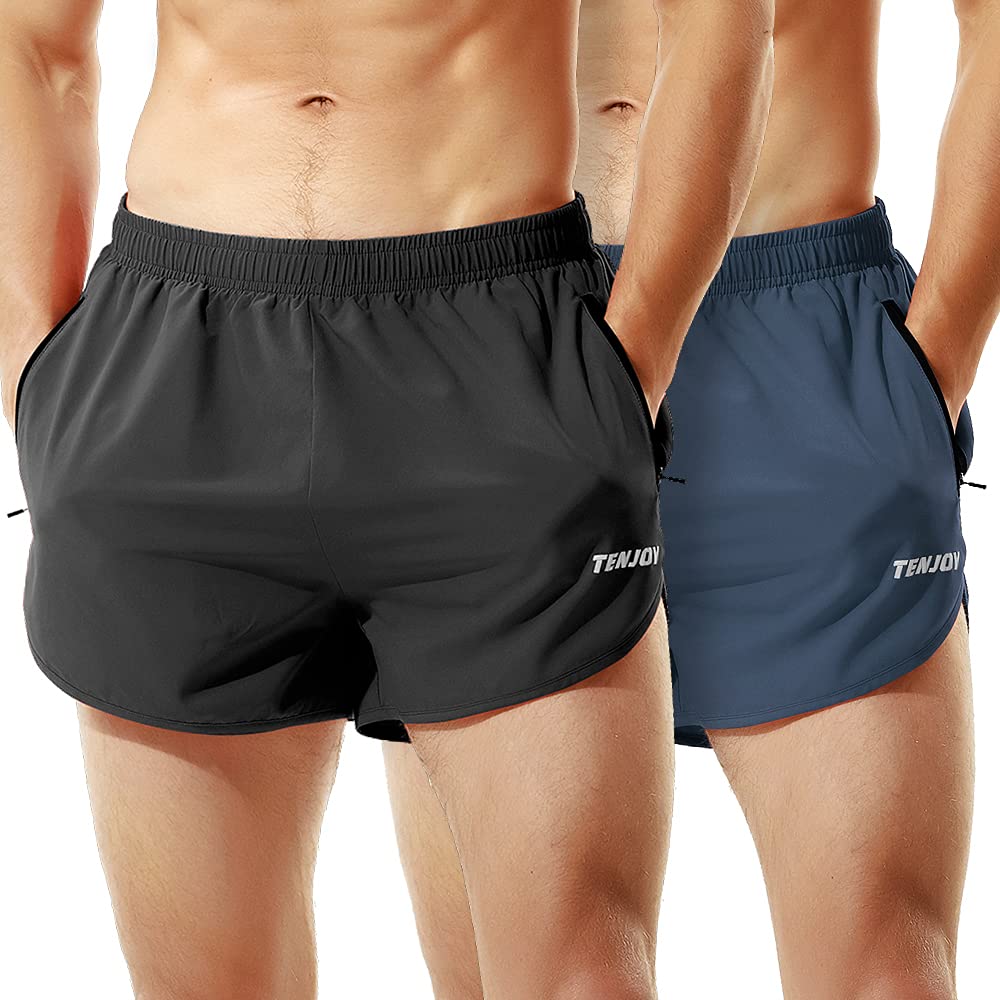 TENJOY Men's Running Shorts Gym Athletic Workout Shorts for Men 3 inch Sports Shorts with Zipper Pocket