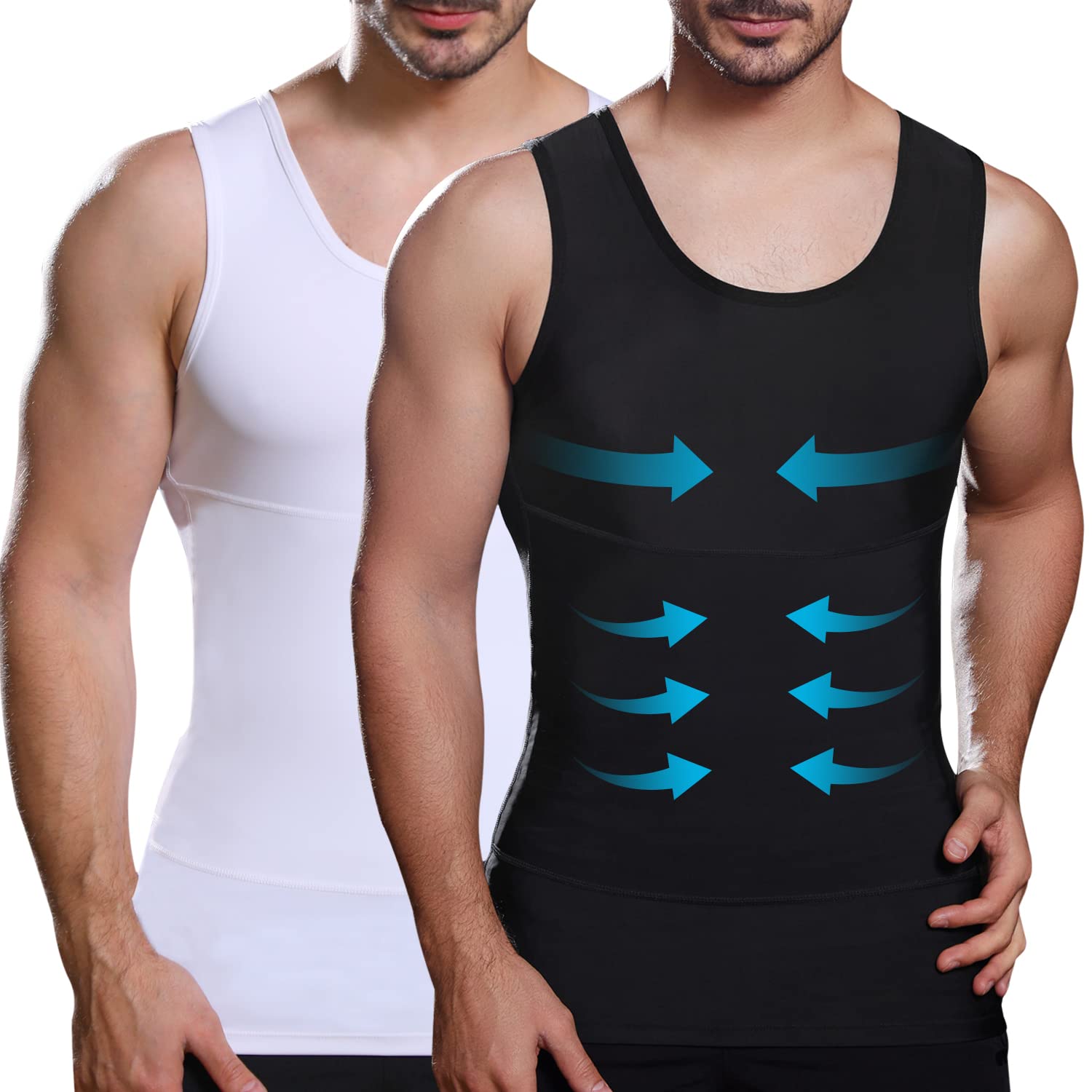 Mens Slimming Compression Shirt, Body Shaper Workout Tank Top, Gynecomastia Tummy Control Undershirts - Change in Seconds