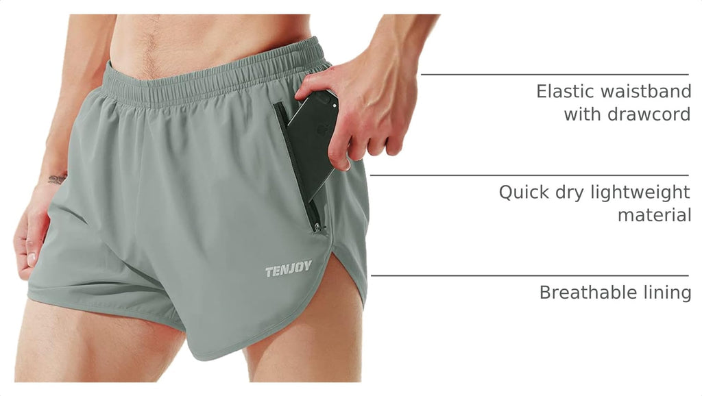 TENJOY Men's Running Shorts Gym Athletic Workout Shorts for Men 3 inch Sports Shorts with Zipper Pocket