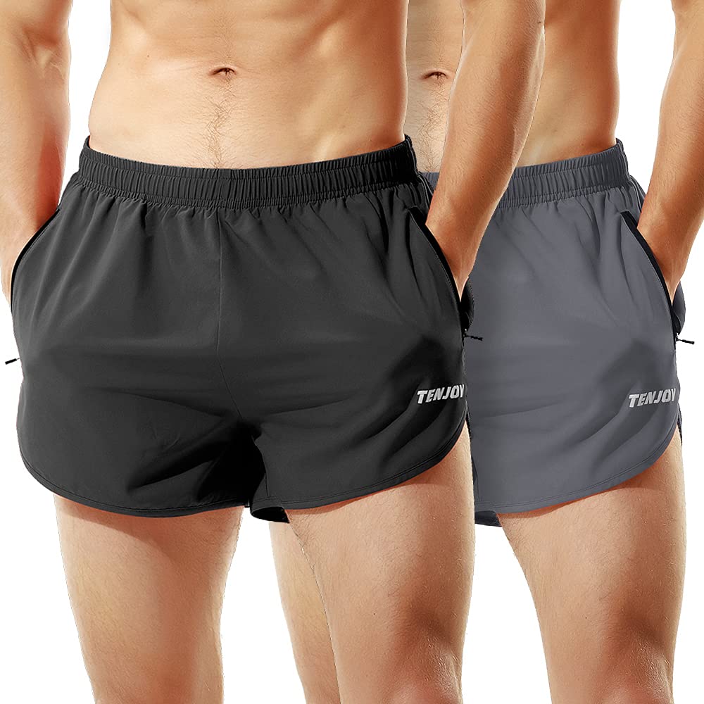 TENJOY Men's Running Shorts Gym Athletic Workout Shorts for Men 3 inch Sports Shorts with Zipper Pocket