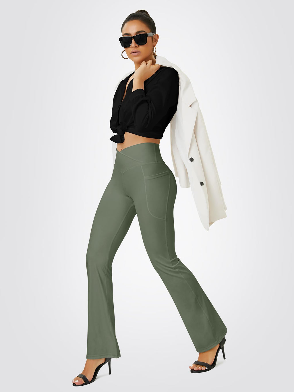 FOHOFO Women’s Crossover High-Waist Flare Yoga Pants