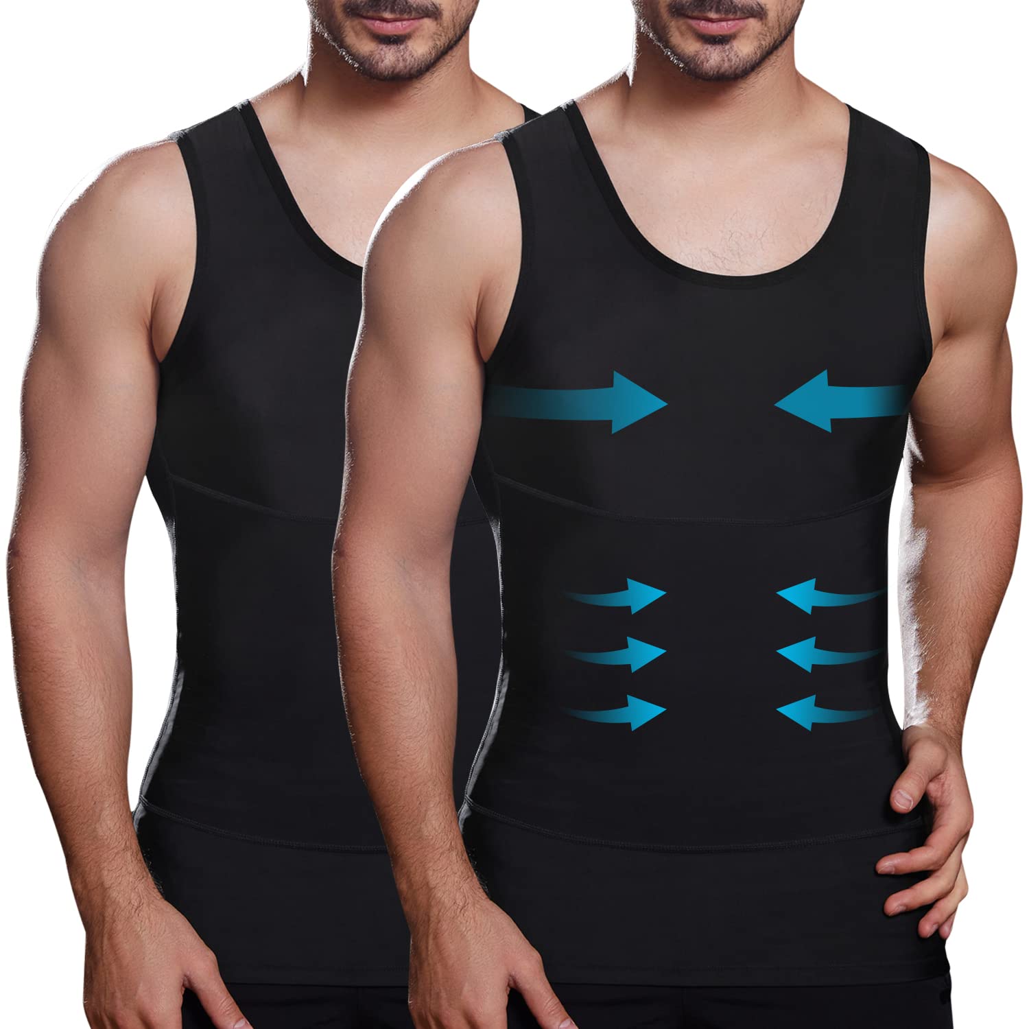 Mens Slimming Compression Shirt, Body Shaper Workout Tank Top, Gynecomastia Tummy Control Undershirts - Change in Seconds