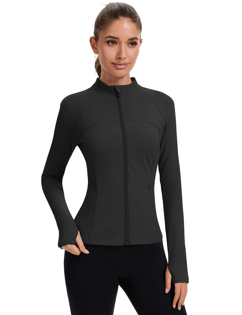 Rapbin Women’s Slim-Fit Full-Zip Workout Jacket with Thumb Holes