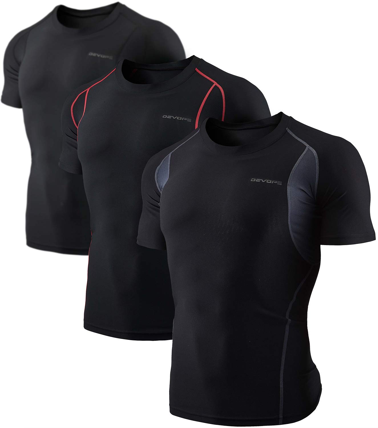 DEVOPS 3 Pack Men's Cool Dry Compression Baselayer Short Sleeve Shirts Top