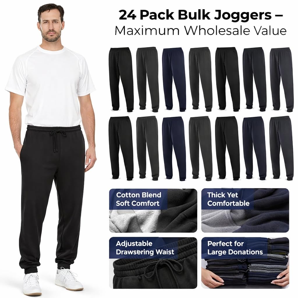 BILLIONHATS 24 Pack Adult Joggers Pants, Mixed Assortment Colorful Jogger Bulk Sweatpants Wholesale for Donations, Homeless