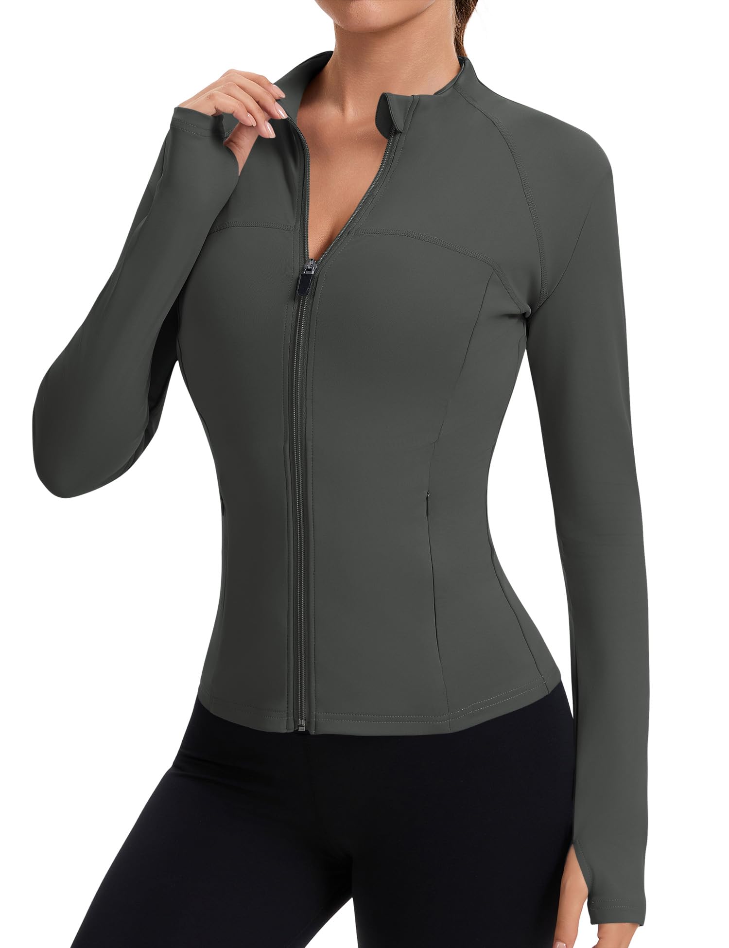 Rapbin Women’s Slim-Fit Full-Zip Workout Jacket with Thumb Holes
