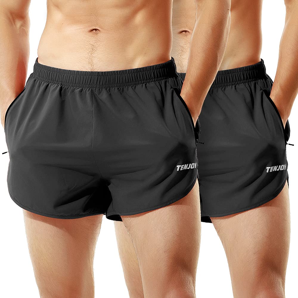 TENJOY Men’s 3-Inch Athletic Running Shorts with Zipper Pocket