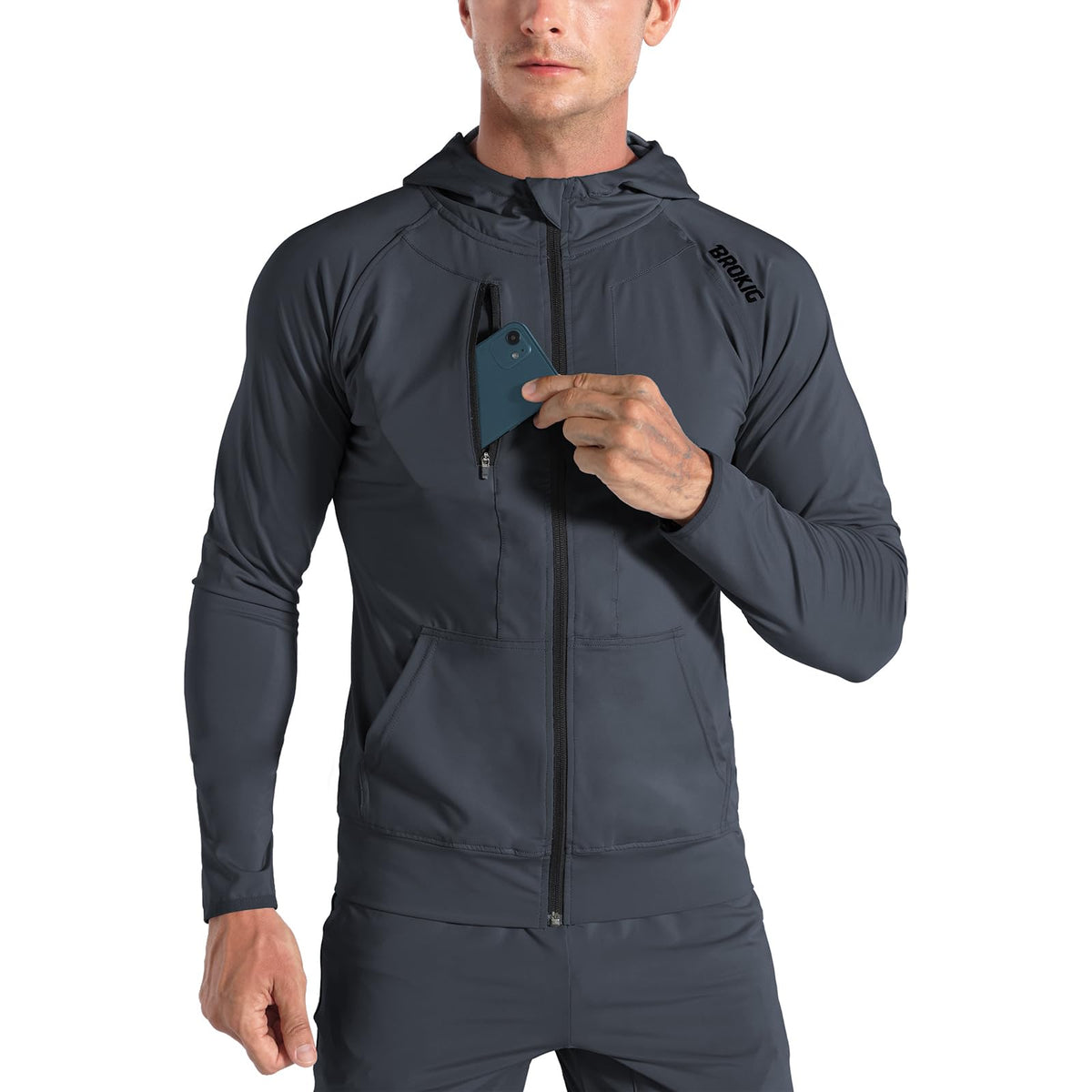 BROKIG Men’s Windbreak Running Jacket with Zip-Up Hood