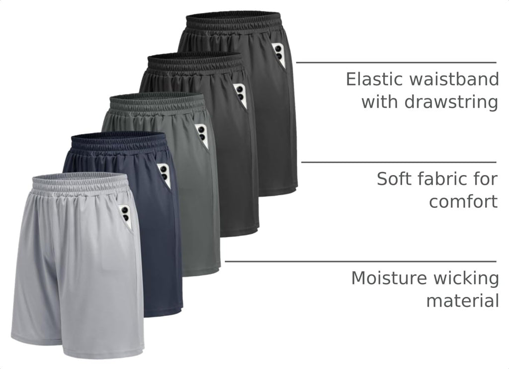 5 Pack Athletic Gym Mens Shorts - Workout Black Quick Dry Basketball Shorts