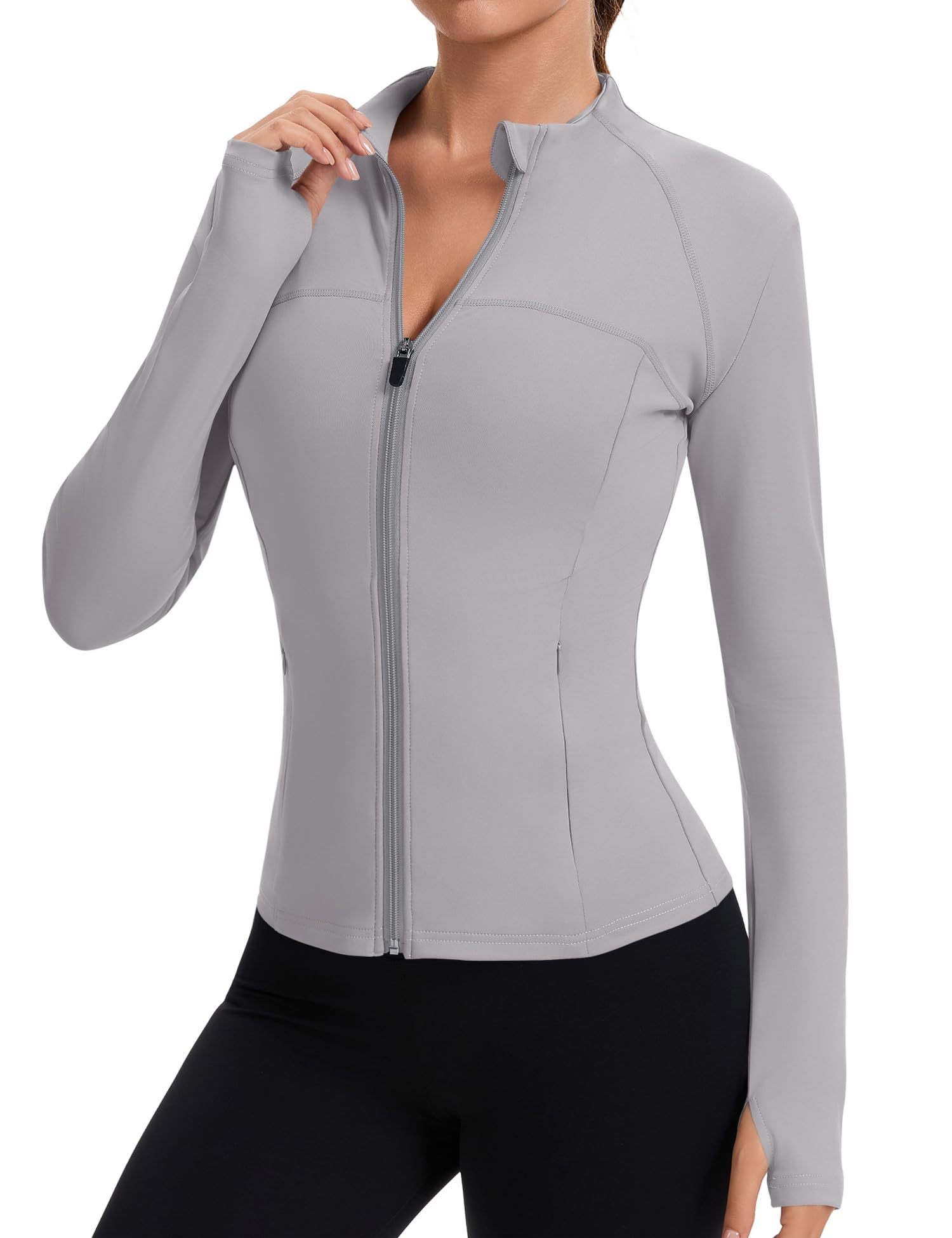 Rapbin Women’s Slim-Fit Full-Zip Workout Jacket with Thumb Holes