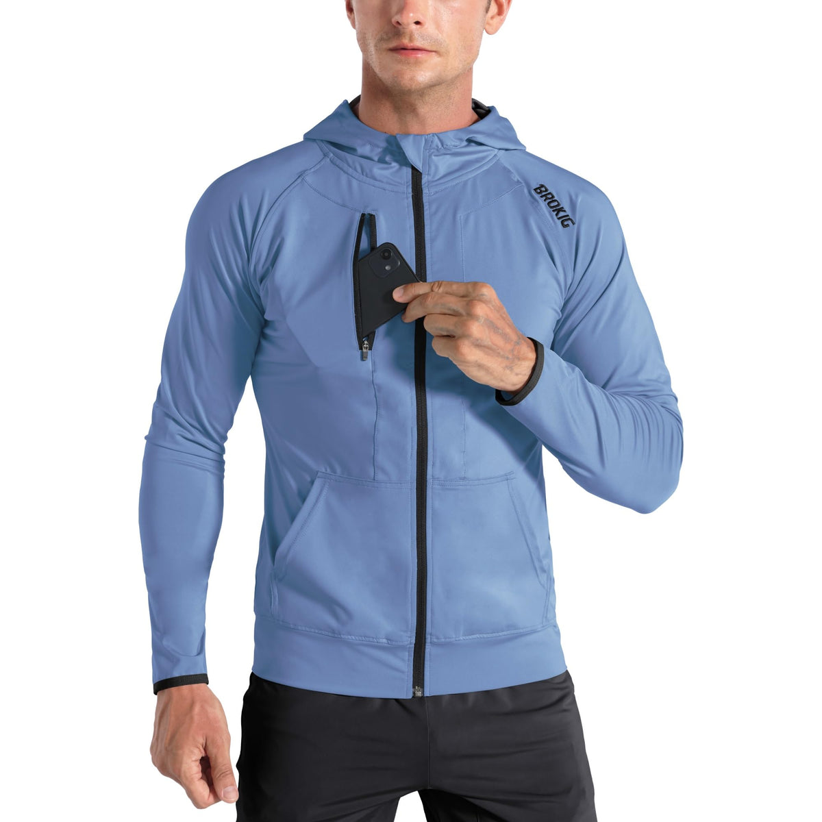 BROKIG Men’s Windbreak Running Jacket with Zip-Up Hood