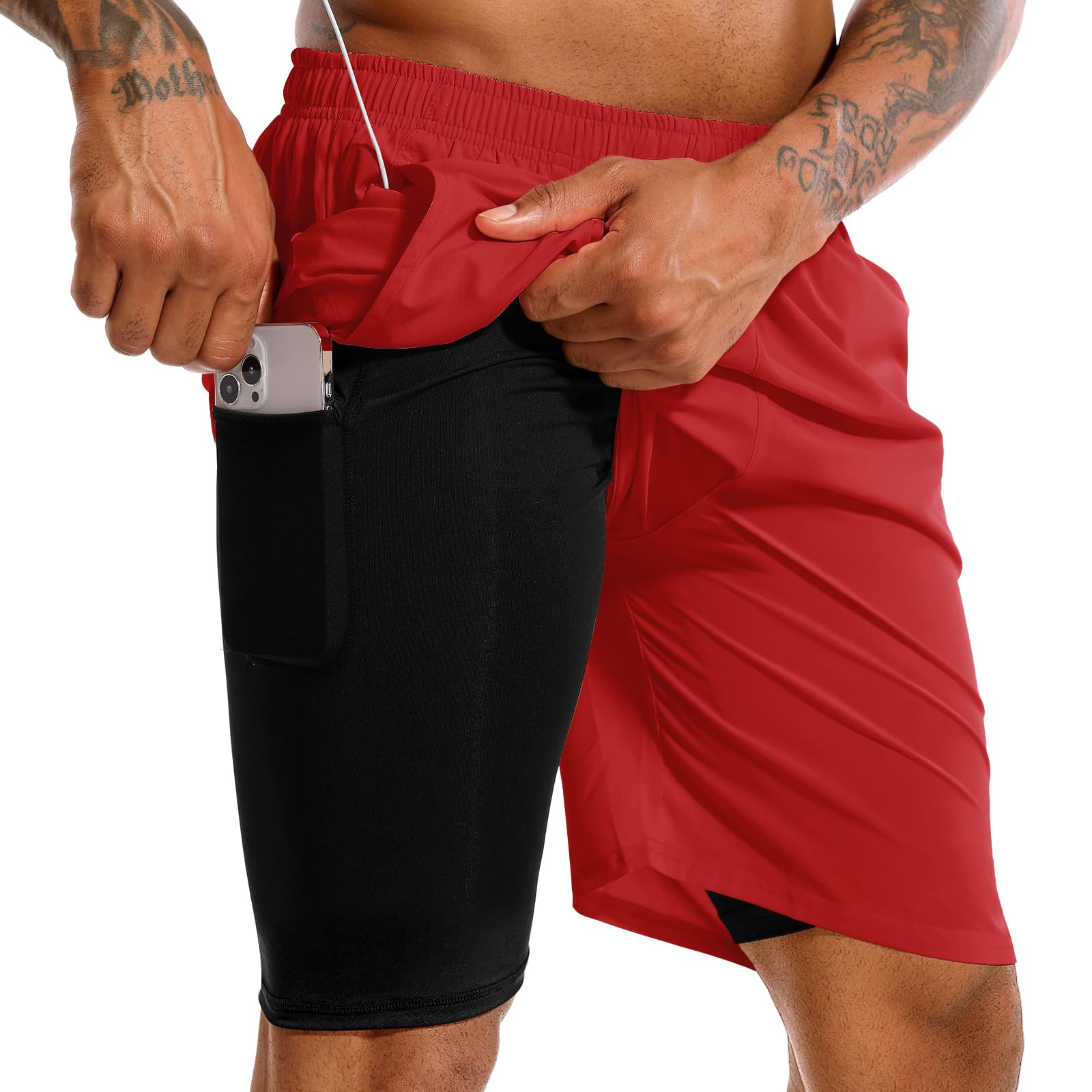 TENJOY Men’s 2-in-1 Quick-Dry Running Shorts with Phone Pockets
