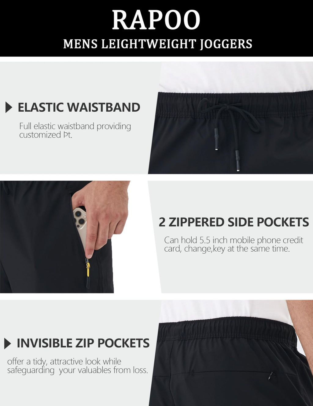 Rapoo Mens Lightweight Hiking Pants Quick Dry Stretch Joggers for Running Workout Casual