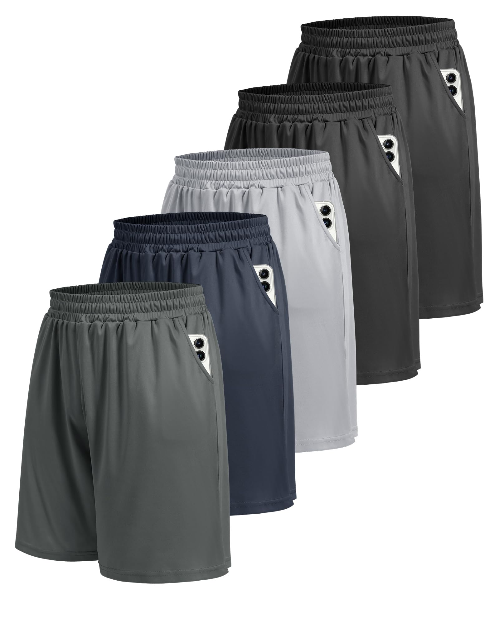 5 Pack Athletic Gym Mens Shorts - Workout Black Quick Dry Basketball Shorts
