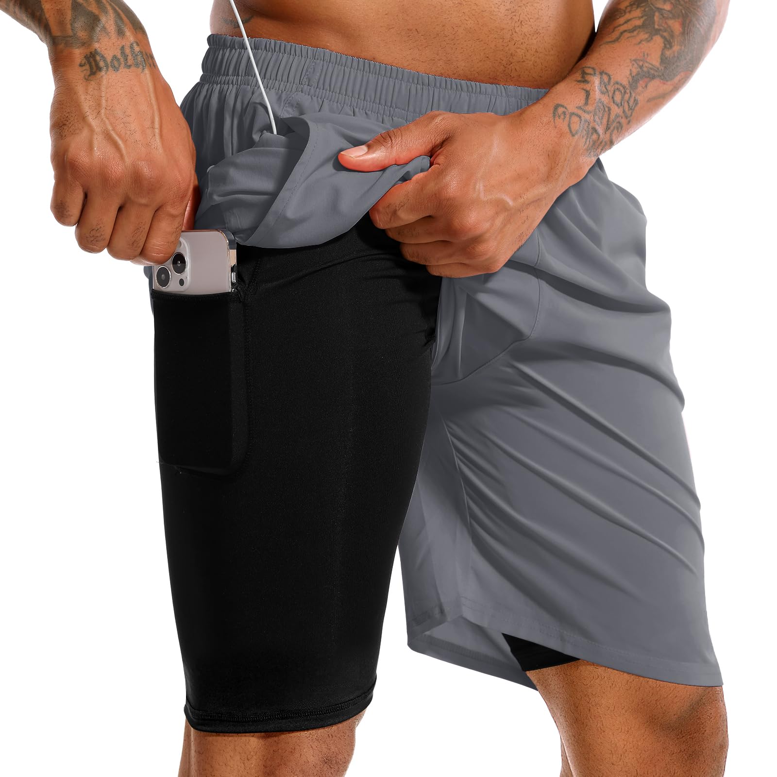 TENJOY Men’s 2-in-1 Quick-Dry Running Shorts with Phone Pockets