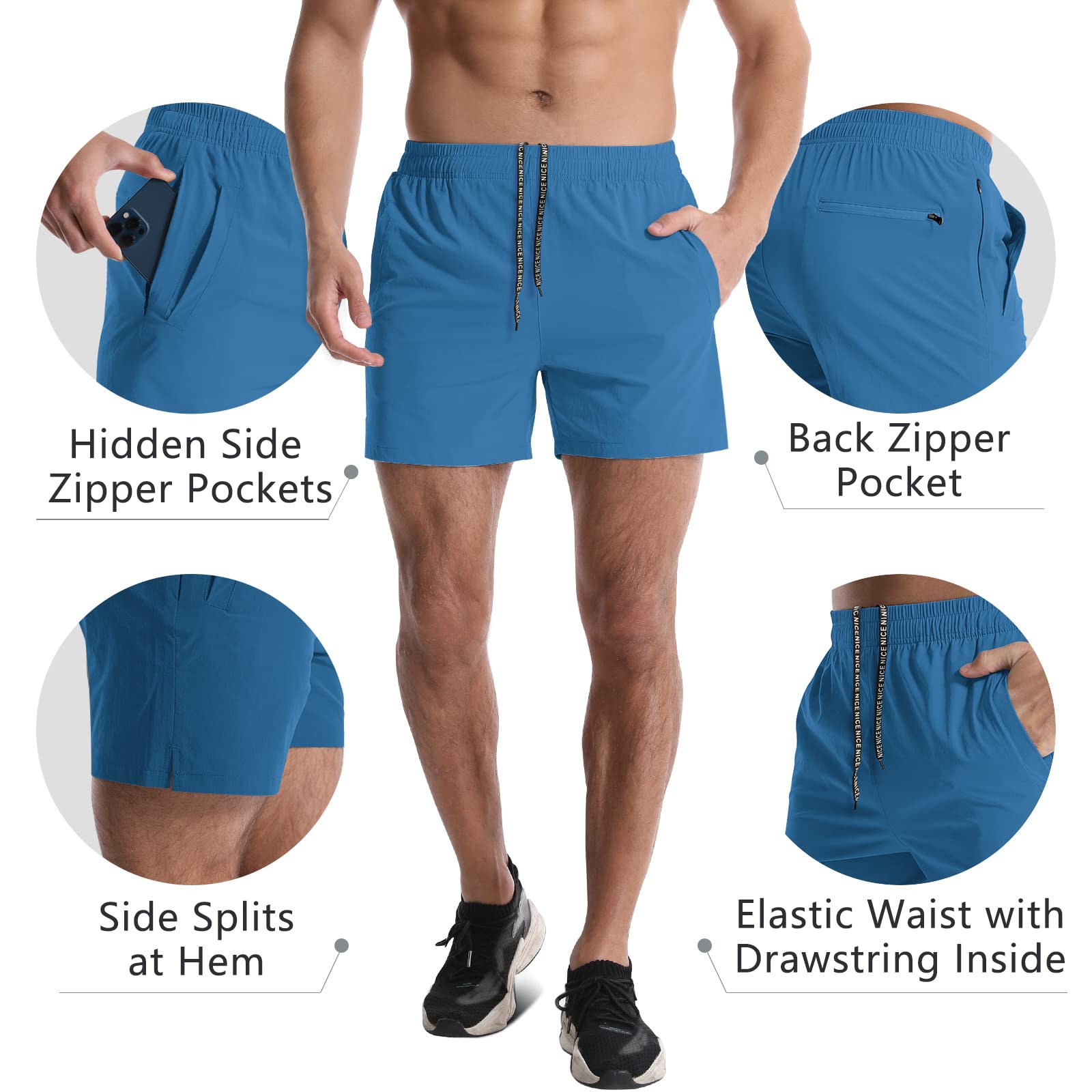 Lempue 2 Pack Mens Athletic Shorts 5" Gym Workout Running Zipper Pockets