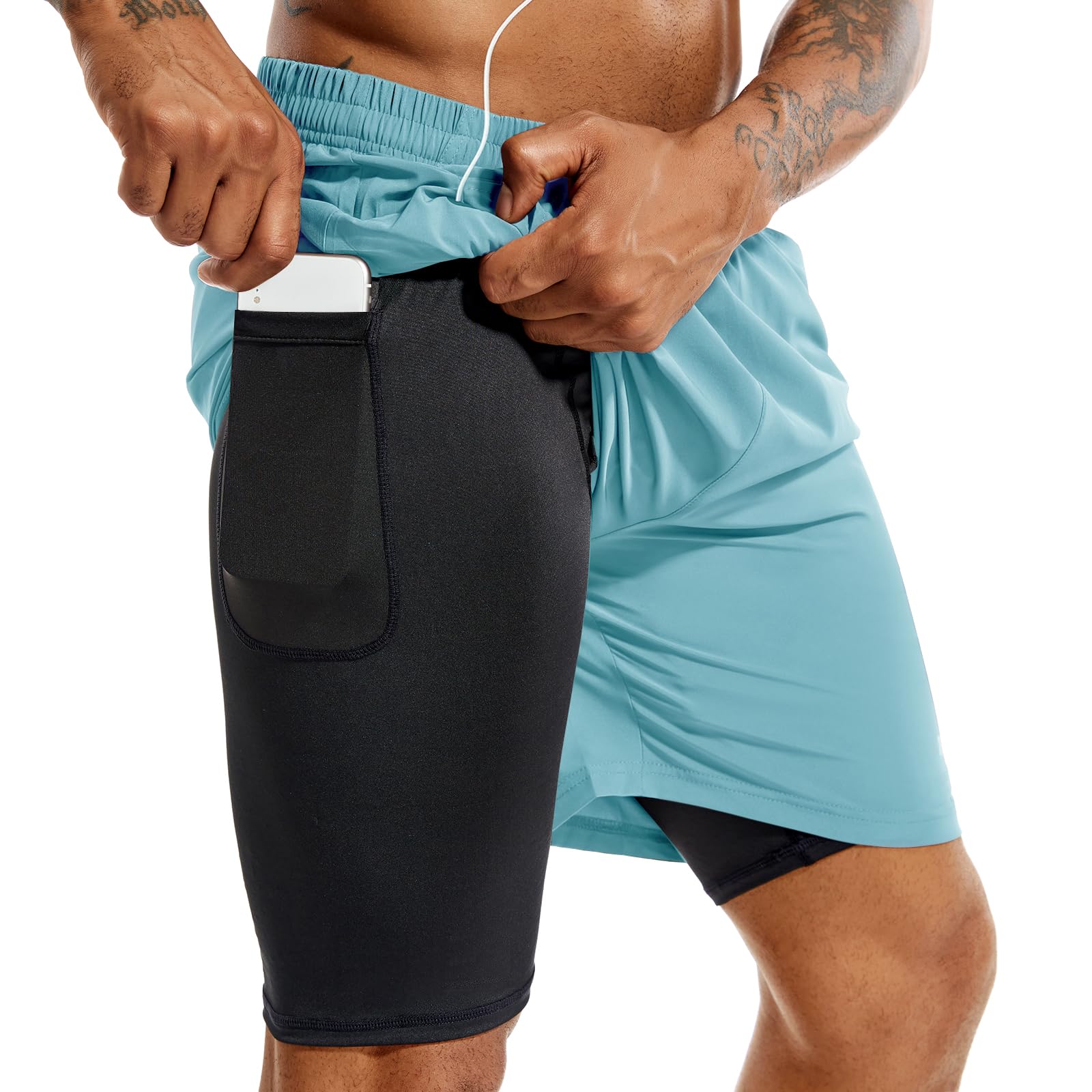 TENJOY Men’s 2-in-1 Quick-Dry Running Shorts with Phone Pockets
