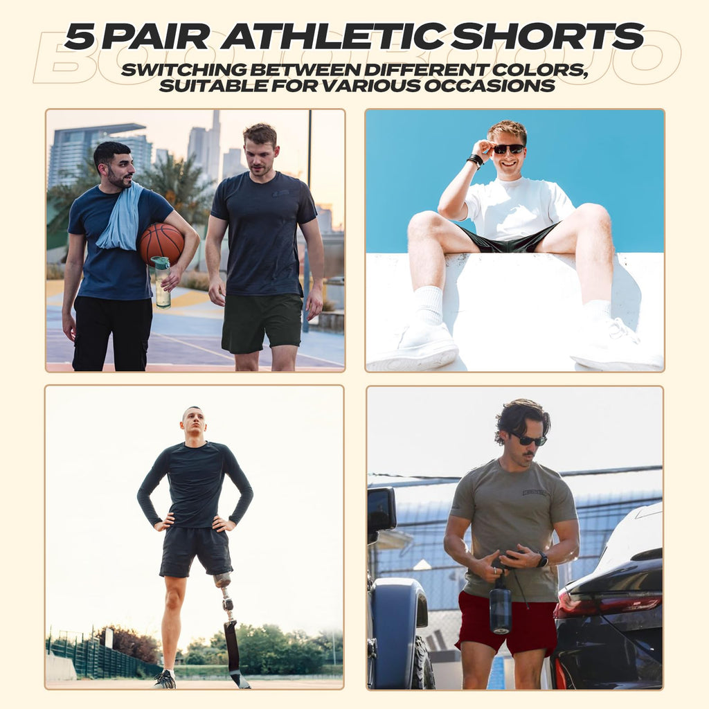 5 Pack Athletic Gym Mens Shorts - Workout Black Quick Dry Basketball Shorts