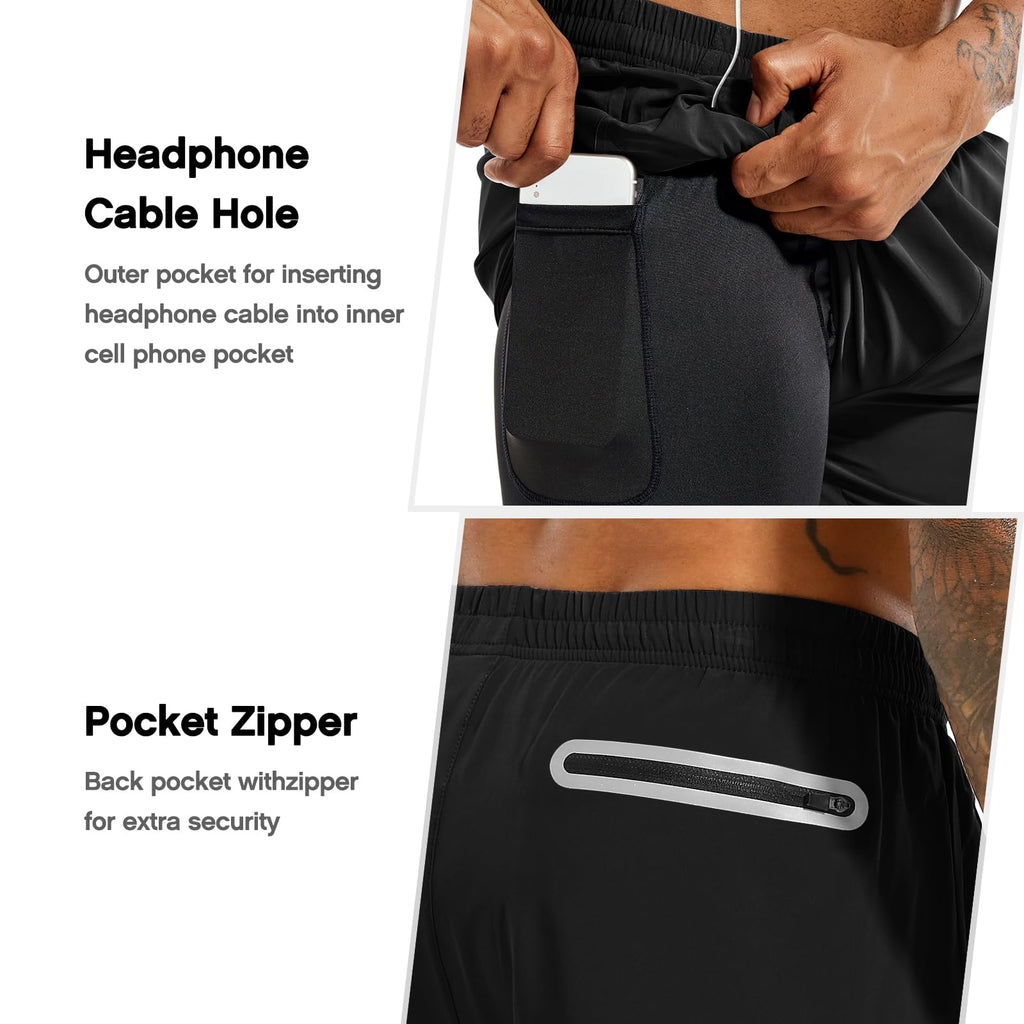 TENJOY Men's 2 in 1 Running Shorts 5 in or 7 in Quick Dry Gym Athletic Workout Shorts for Men with Phone Pockets