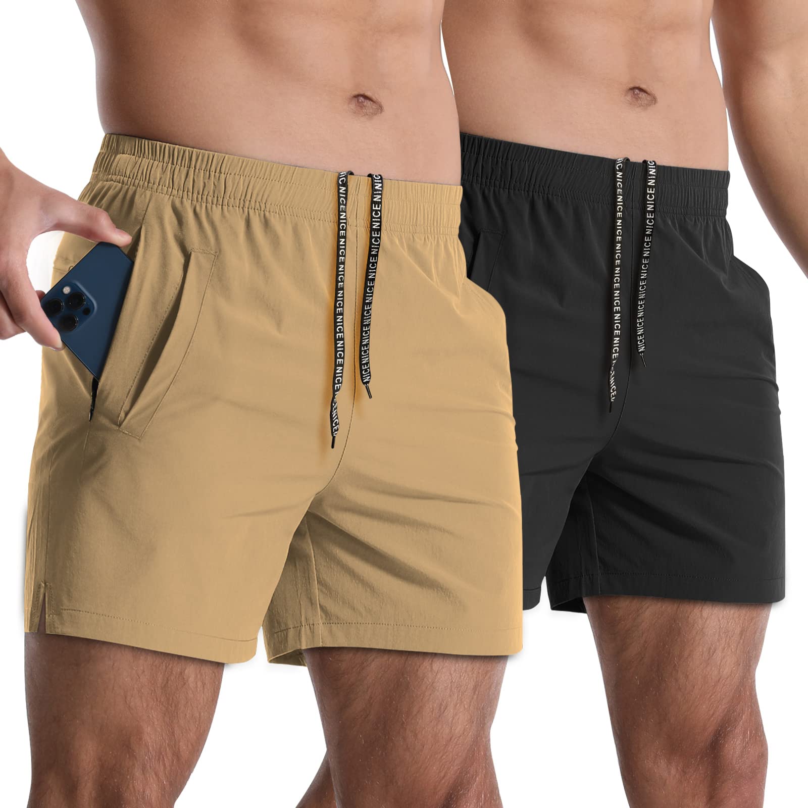 Lempue Men’s 2-Pack 5-Inch Athletic Running Shorts with Zipper Pockets