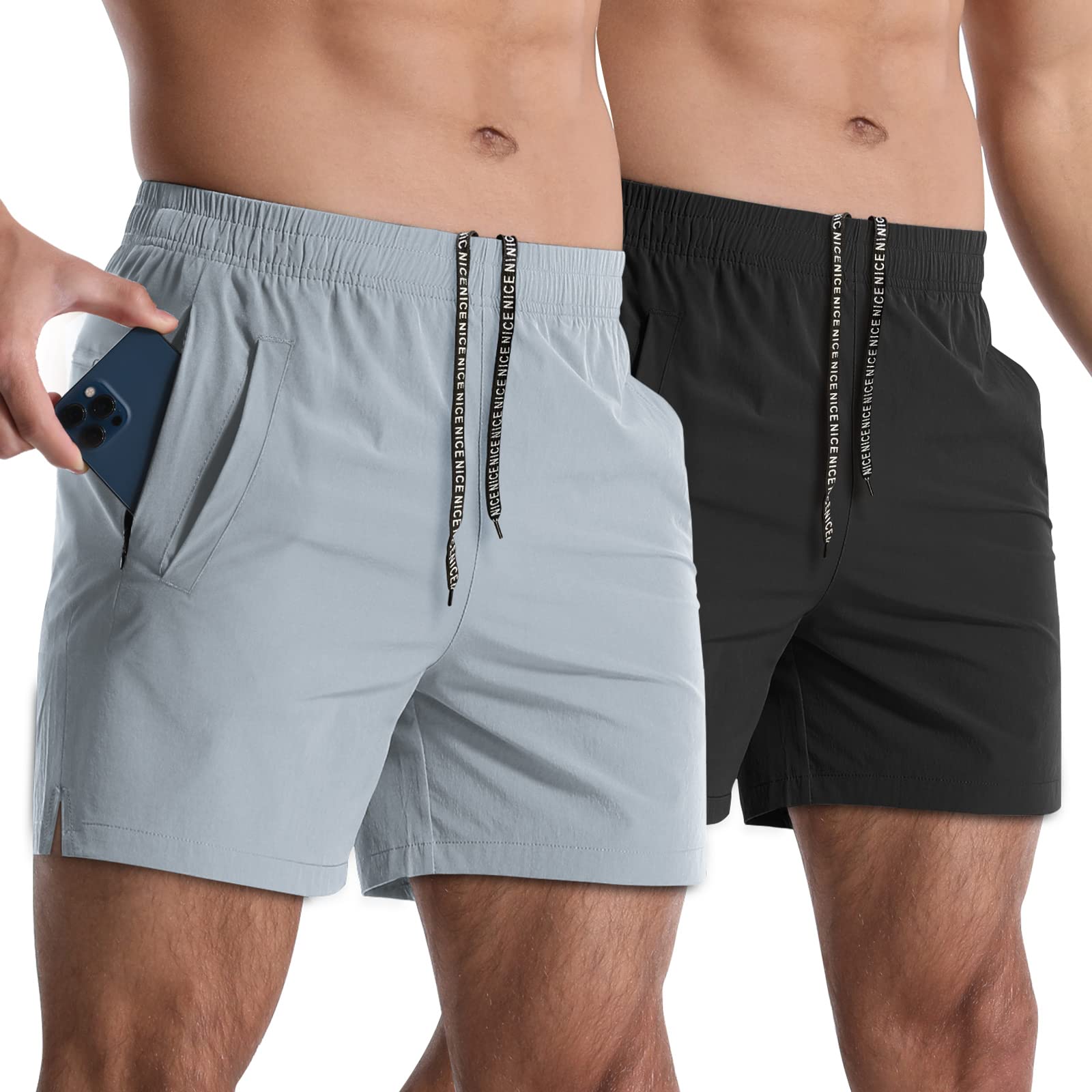 Lempue Men’s 2-Pack 5-Inch Athletic Running Shorts with Zipper Pockets