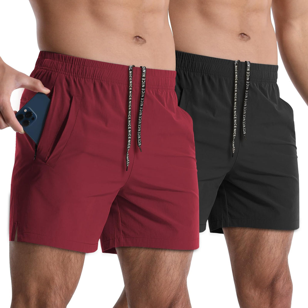 Lempue 2 Pack Mens Athletic Shorts 5" Gym Workout Running Zipper Pockets