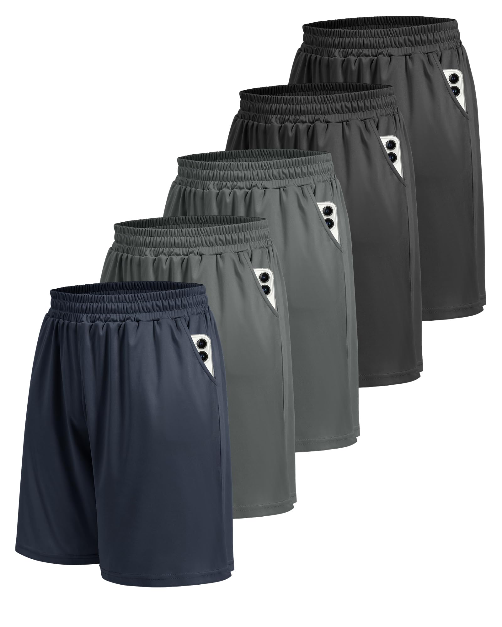 5 Pack Athletic Gym Mens Shorts - Workout Black Quick Dry Basketball Shorts