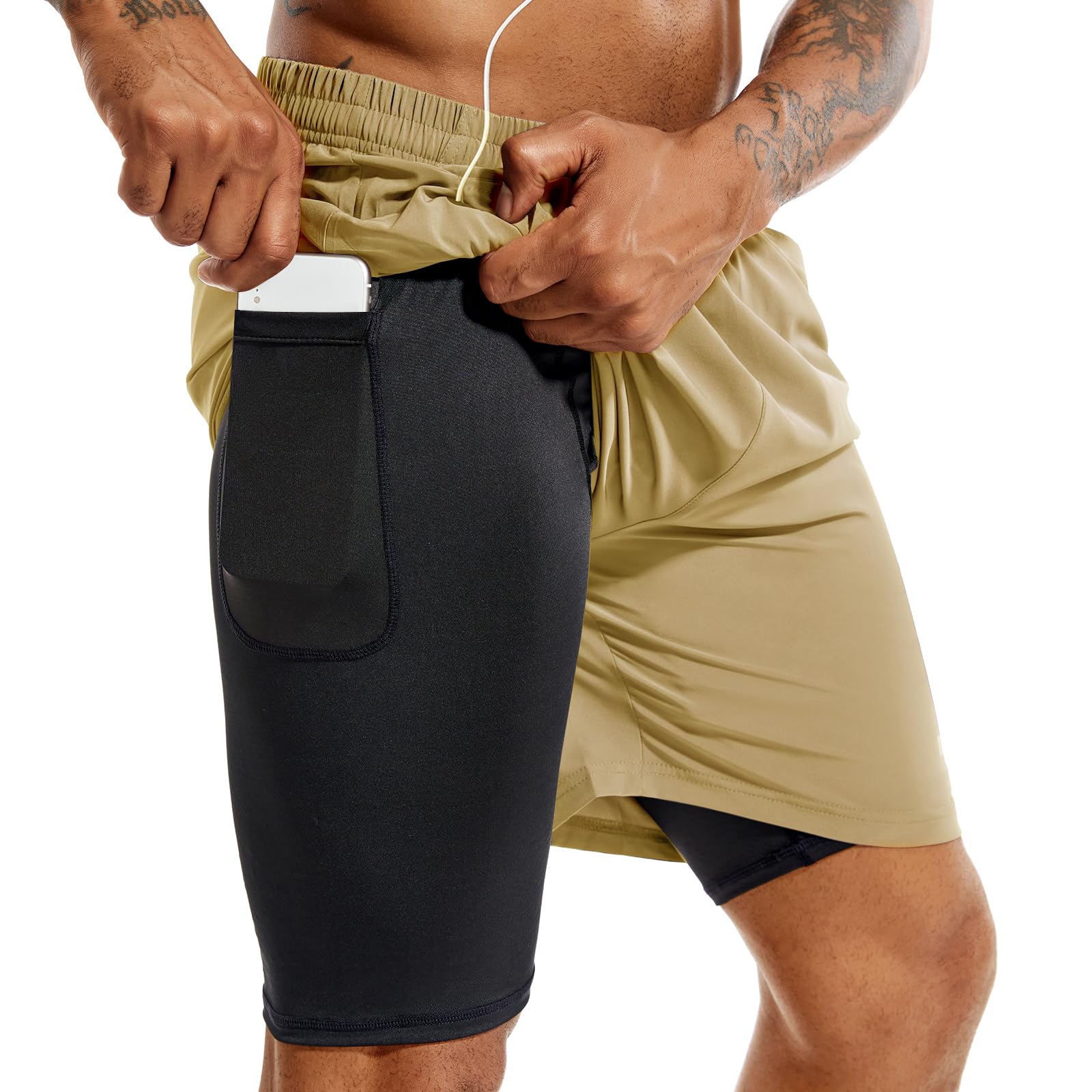 TENJOY Men’s 2-in-1 Quick-Dry Running Shorts with Phone Pockets