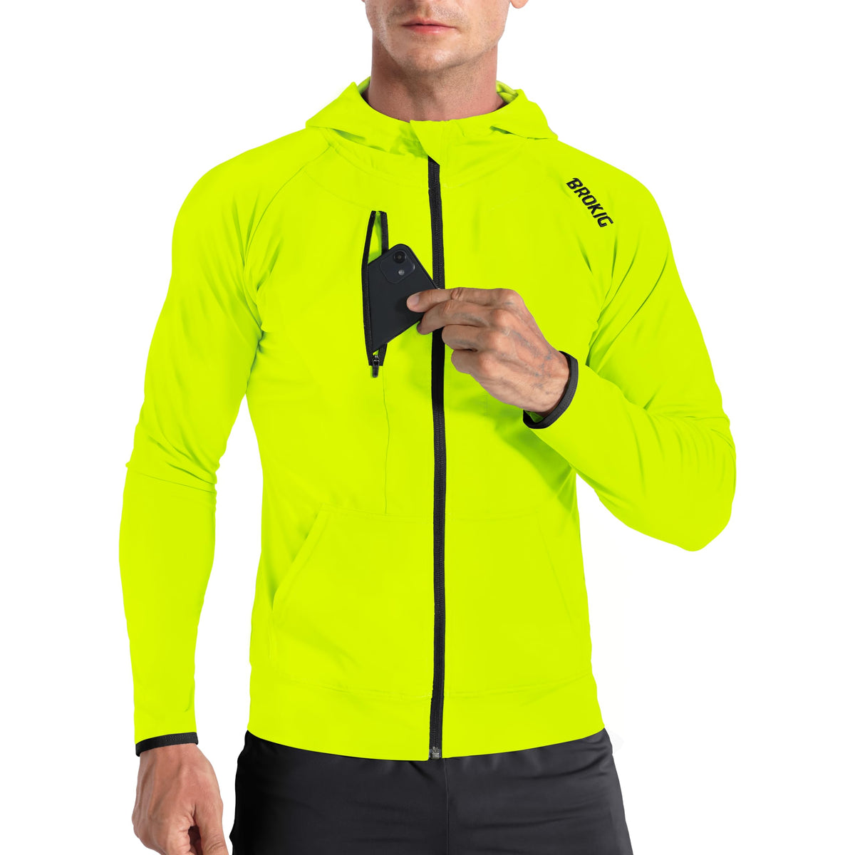 BROKIG Men’s Windbreak Running Jacket with Zip-Up Hood