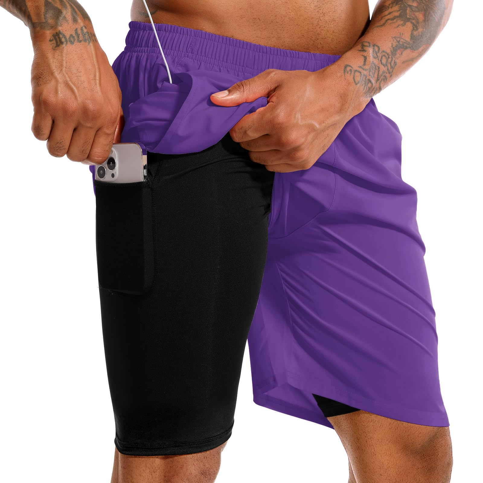 TENJOY Men’s 2-in-1 Quick-Dry Running Shorts with Phone Pockets
