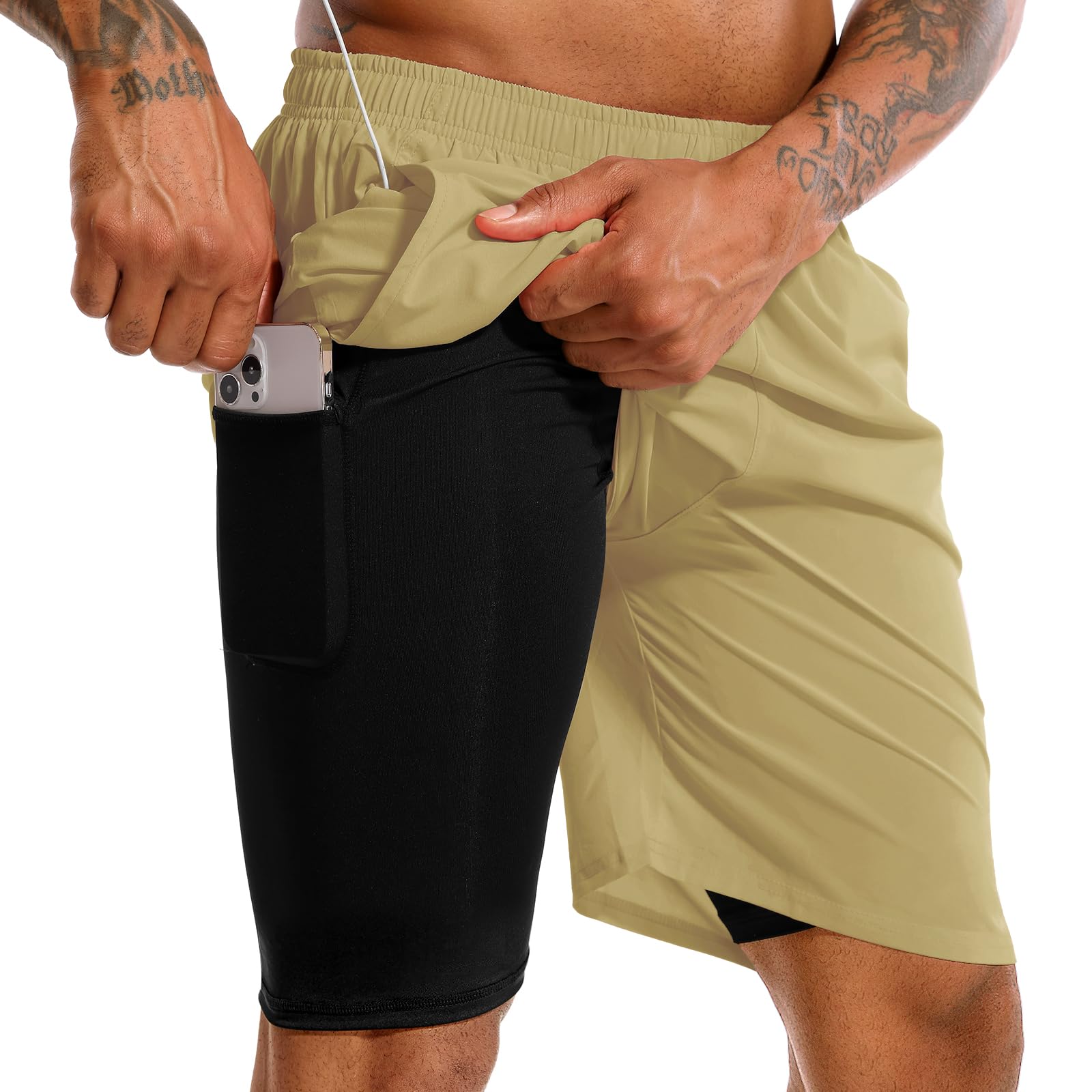 TENJOY Men’s 2-in-1 Quick-Dry Running Shorts with Phone Pockets