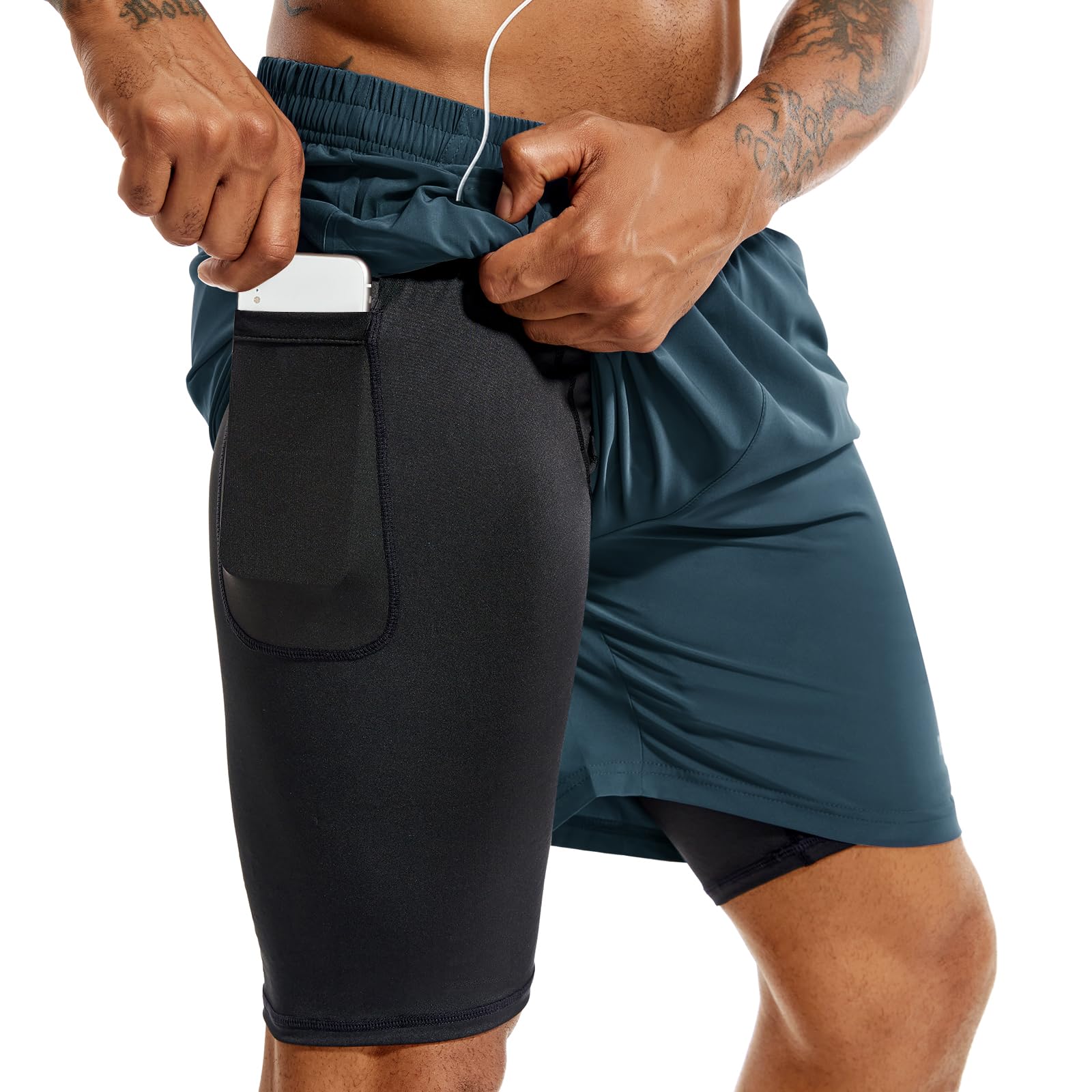 TENJOY Men’s 2-in-1 Quick-Dry Running Shorts with Phone Pockets