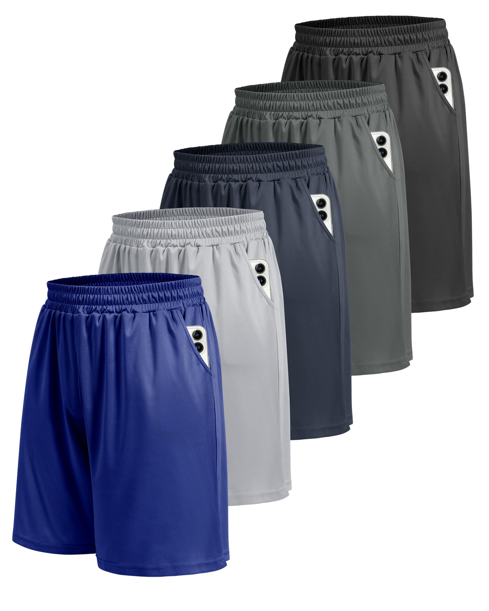 5 Pack Athletic Gym Mens Shorts - Workout Black Quick Dry Basketball Shorts