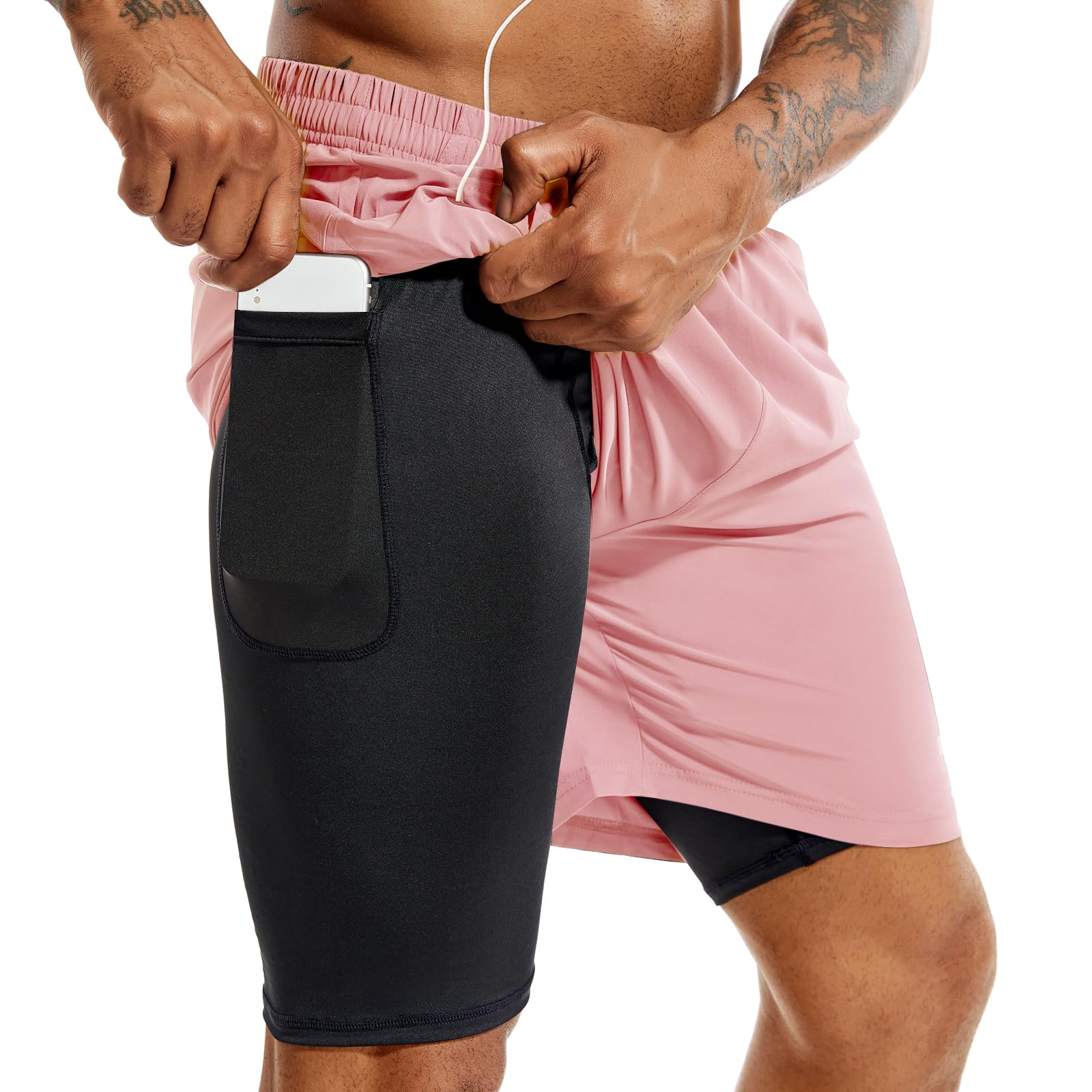 TENJOY Men’s 2-in-1 Quick-Dry Running Shorts with Phone Pockets