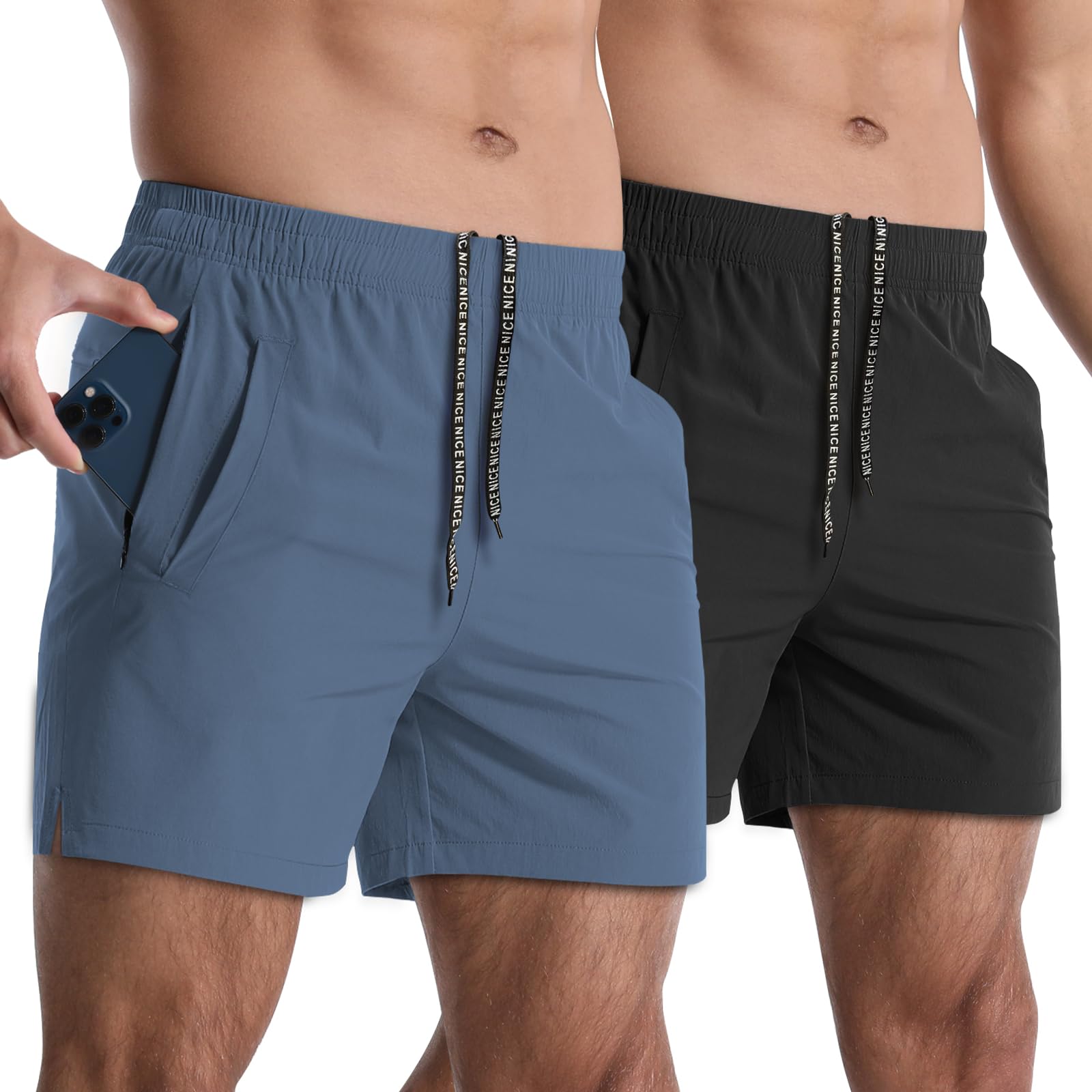 Lempue Men’s 2-Pack 5-Inch Athletic Running Shorts with Zipper Pockets