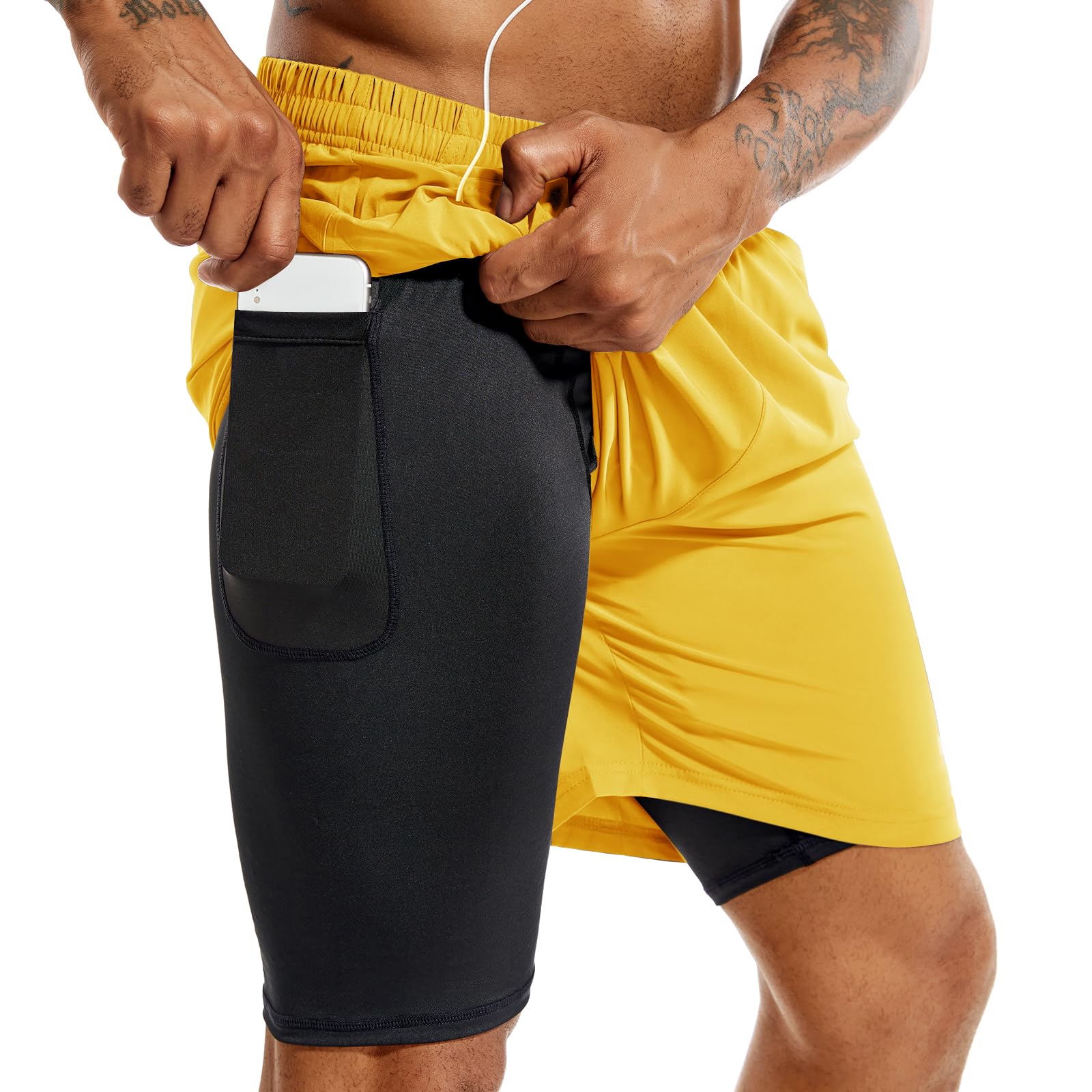 TENJOY Men’s 2-in-1 Quick-Dry Running Shorts with Phone Pockets