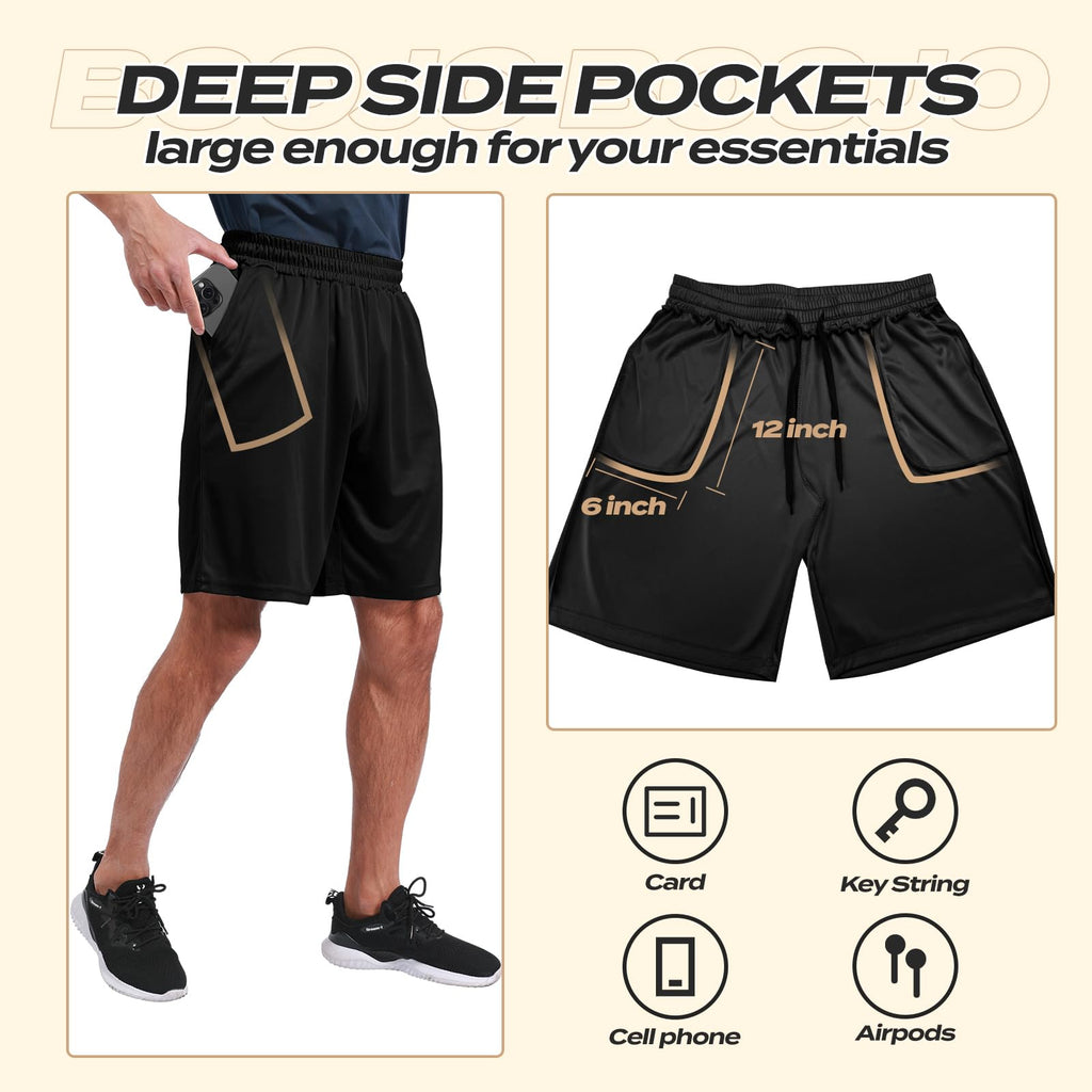 5 Pack Athletic Gym Mens Shorts - Workout Black Quick Dry Basketball Shorts