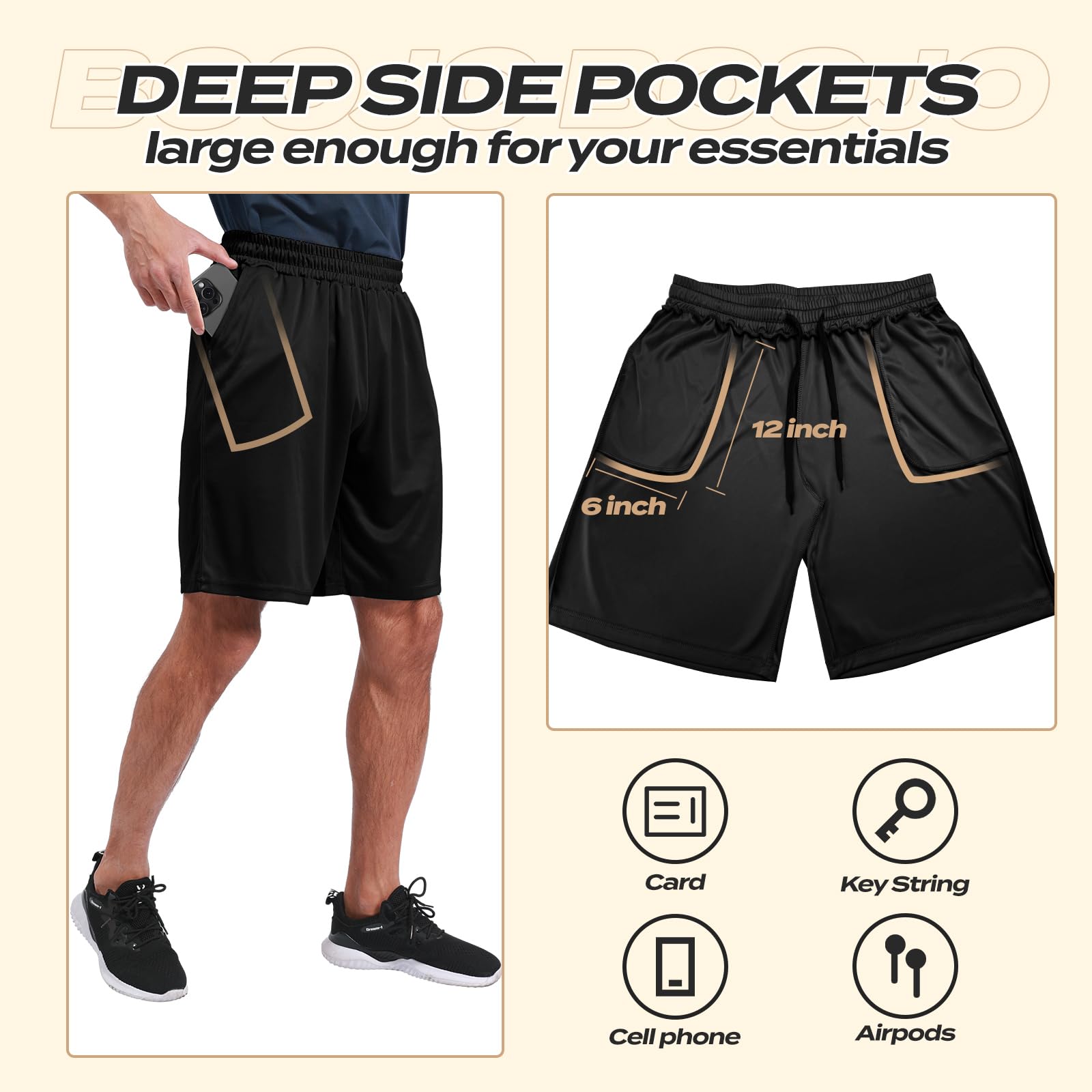 5 Pack Athletic Gym Mens Shorts - Workout Black Quick Dry Basketball Shorts