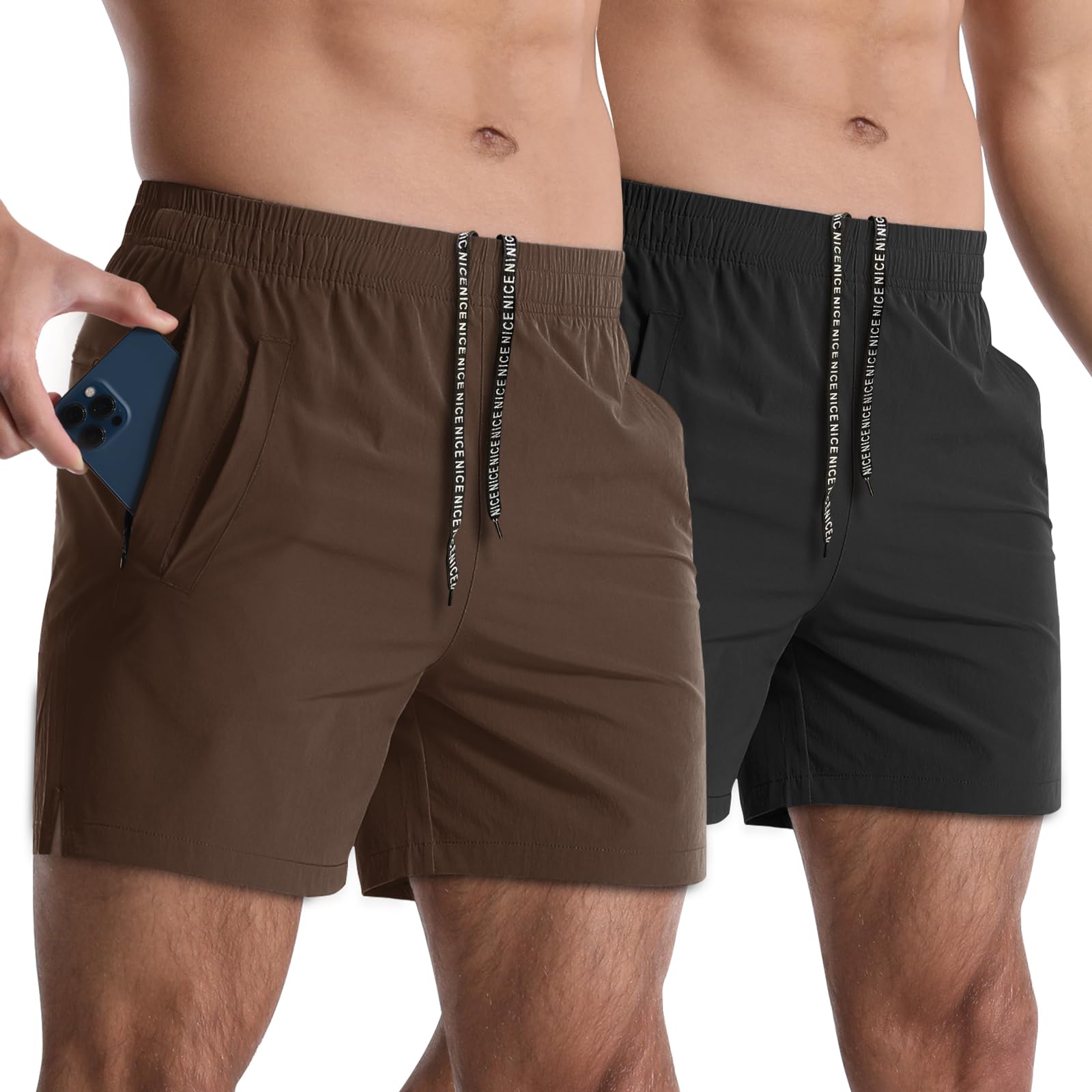 Lempue Men’s 2-Pack 5-Inch Athletic Running Shorts with Zipper Pockets
