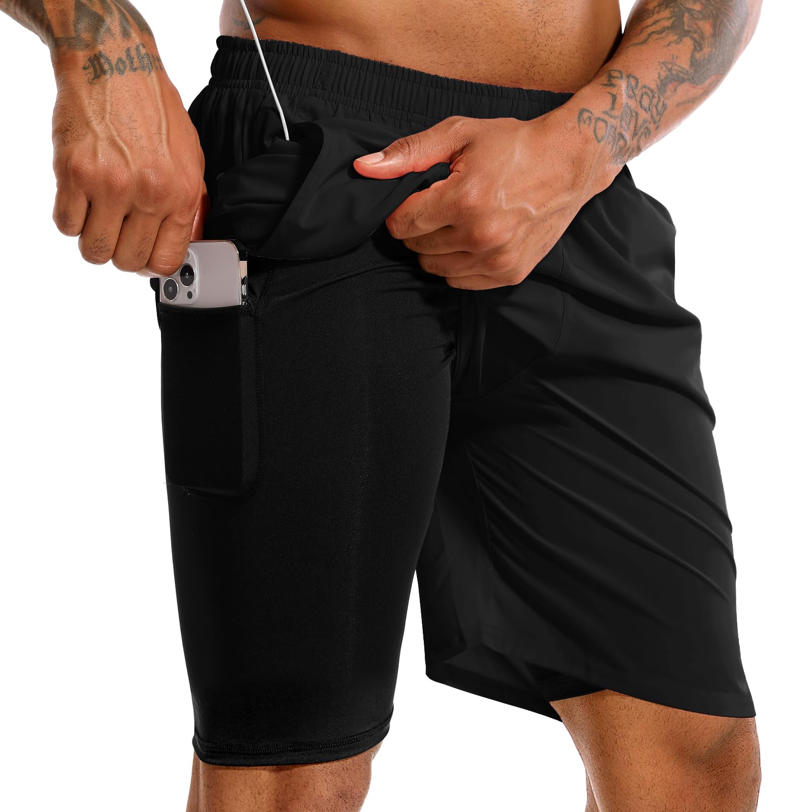 TENJOY Men’s 2-in-1 Quick-Dry Running Shorts with Phone Pockets