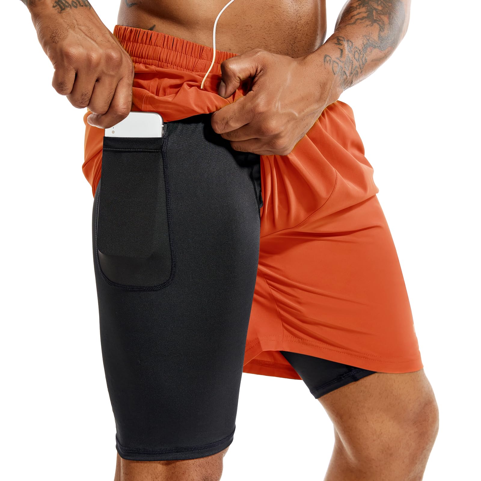 TENJOY Men’s 2-in-1 Quick-Dry Running Shorts with Phone Pockets
