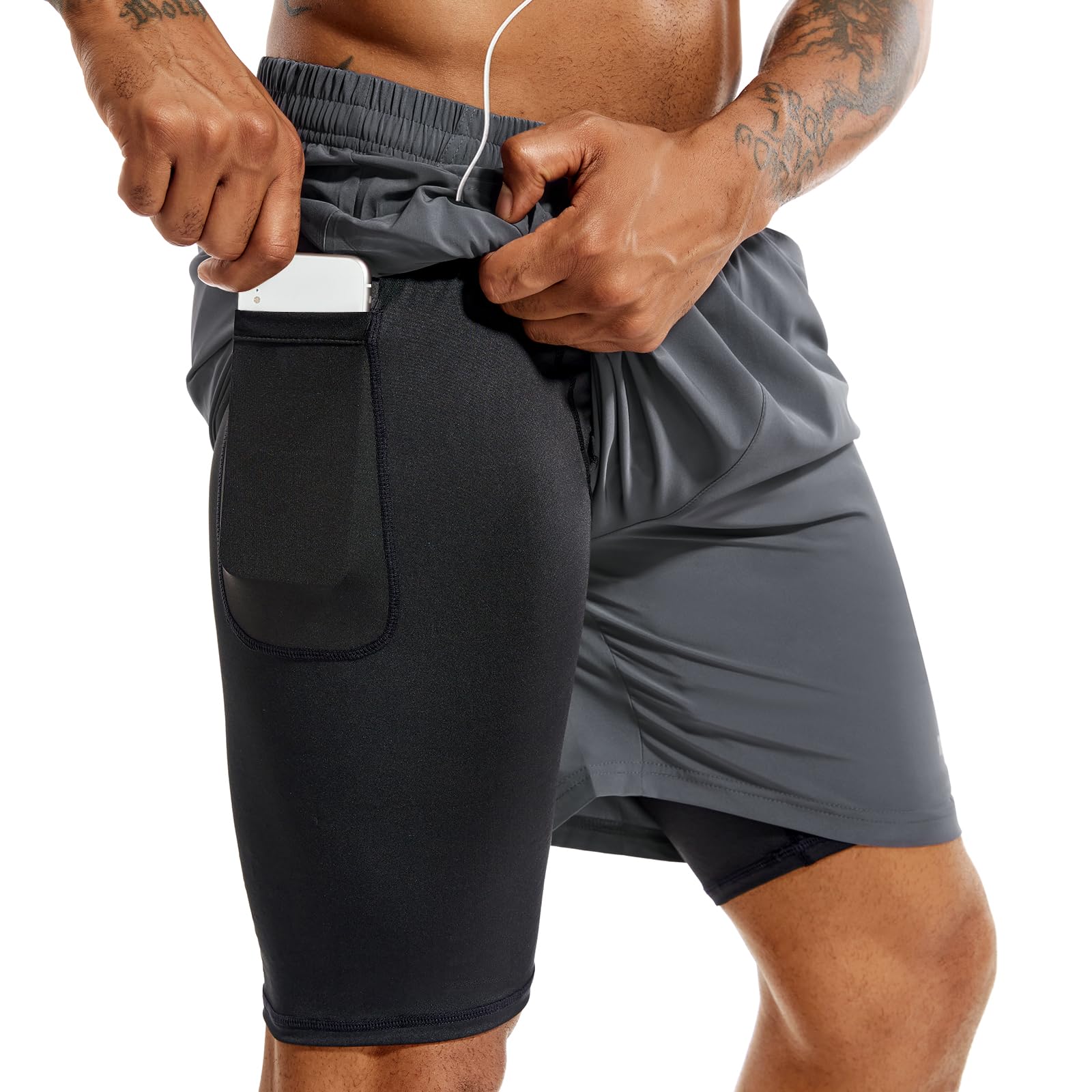 TENJOY Men’s 2-in-1 Quick-Dry Running Shorts with Phone Pockets