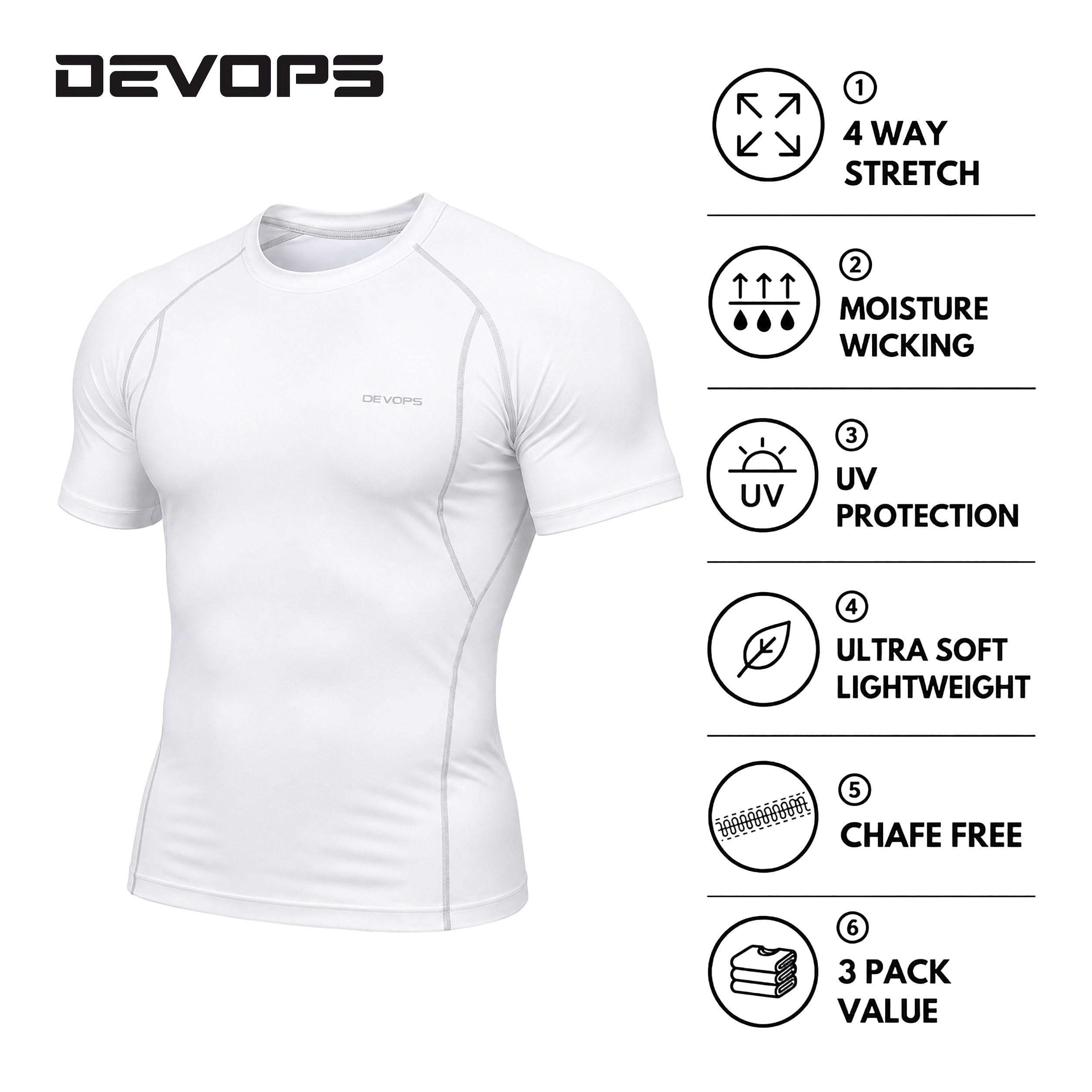 DEVOPS 3 Pack Men's Cool Dry Compression Baselayer Short Sleeve Shirts Top