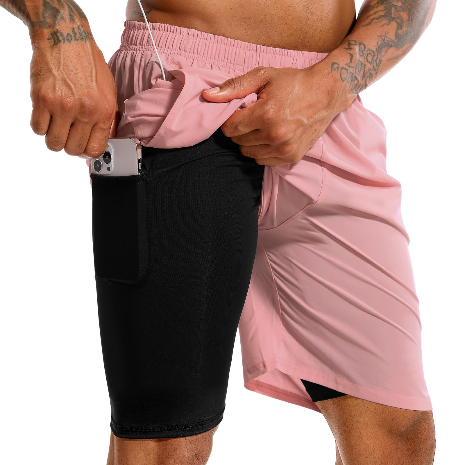 TENJOY Men’s 2-in-1 Quick-Dry Running Shorts with Phone Pockets