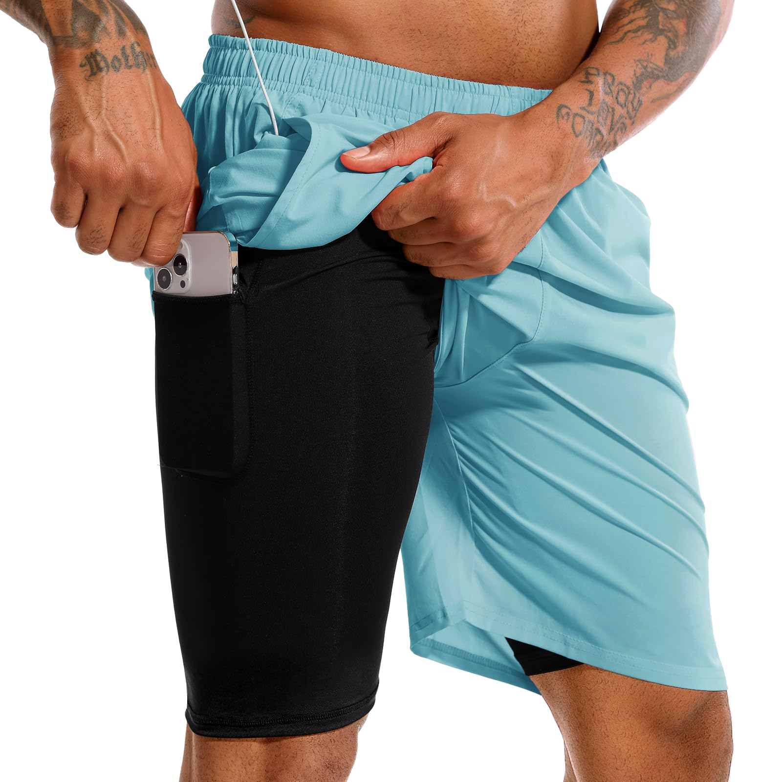 TENJOY Men’s 2-in-1 Quick-Dry Running Shorts with Phone Pockets