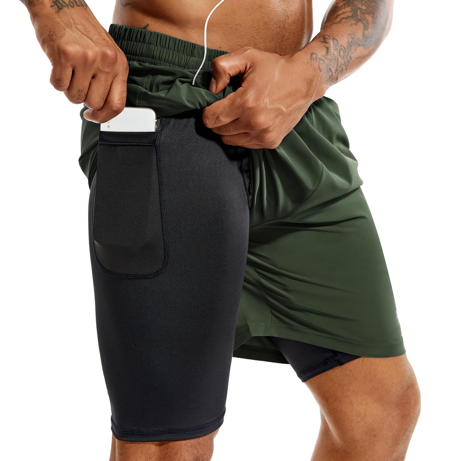 TENJOY Men’s 2-in-1 Quick-Dry Running Shorts with Phone Pockets
