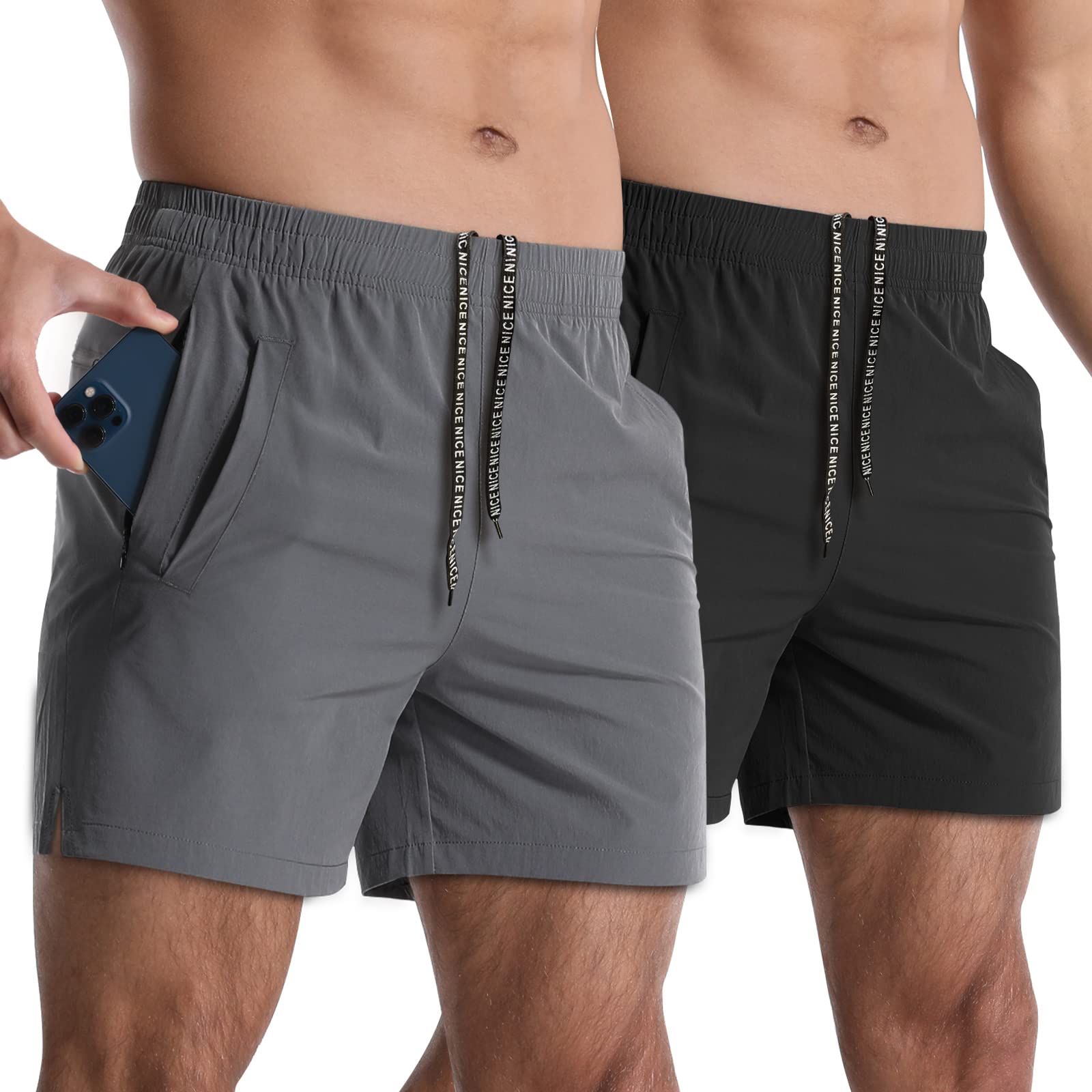 Lempue Men’s 2-Pack 5-Inch Athletic Running Shorts with Zipper Pockets