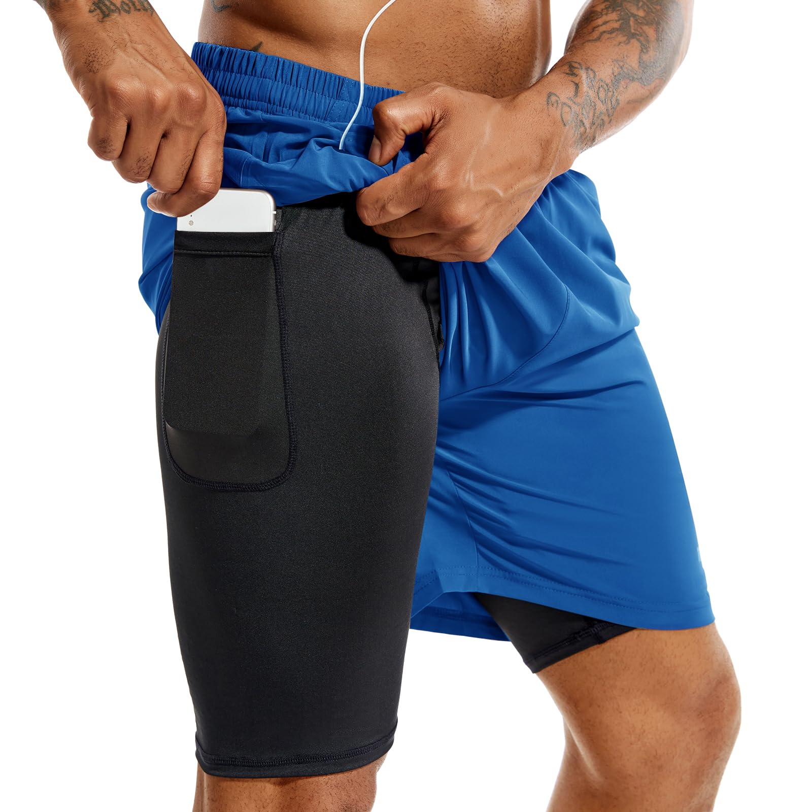 TENJOY Men’s 2-in-1 Quick-Dry Running Shorts with Phone Pockets